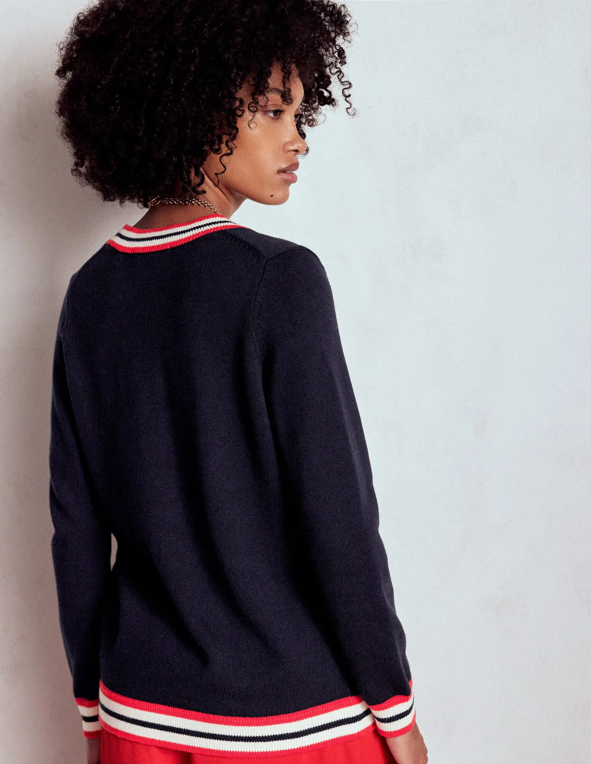 Off Duty Look AntiSnag Yarn Technology Long Cotton V-neck Cardigan-Navy