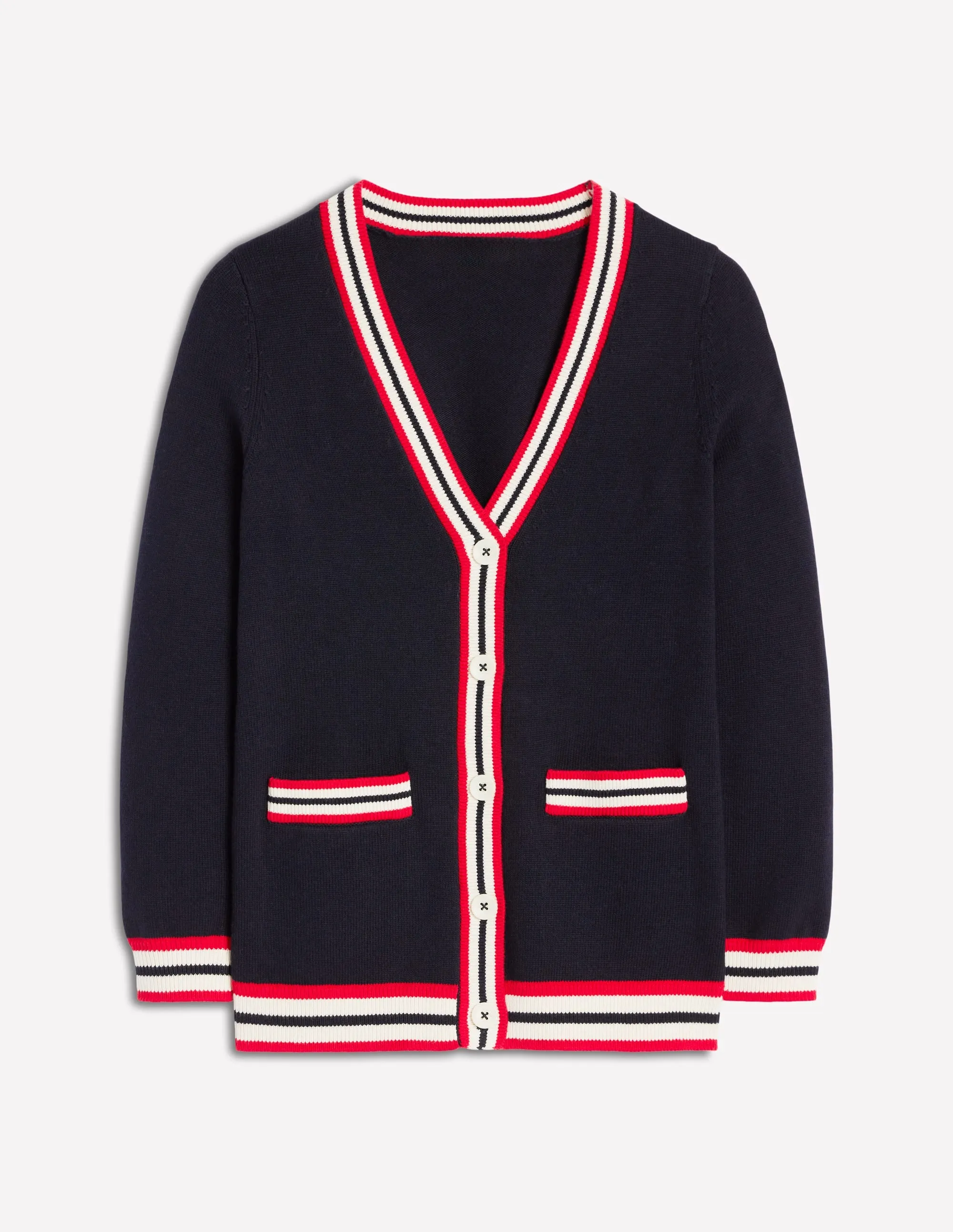 Long Cotton V-neck Cardigan-Navy Heat Retention Technology