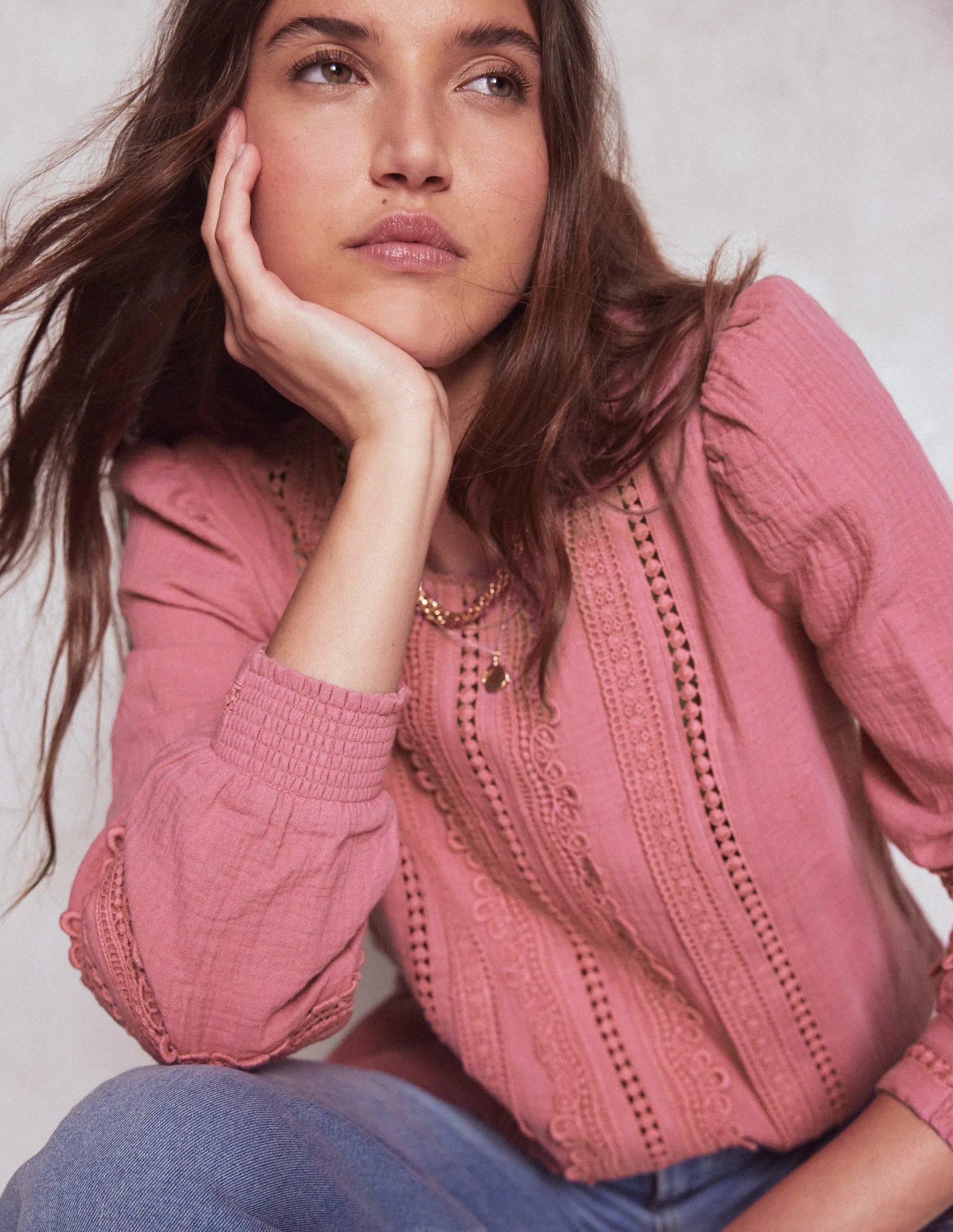 Stretchable Material Trim Interest Double Cloth Top-Pink Heather