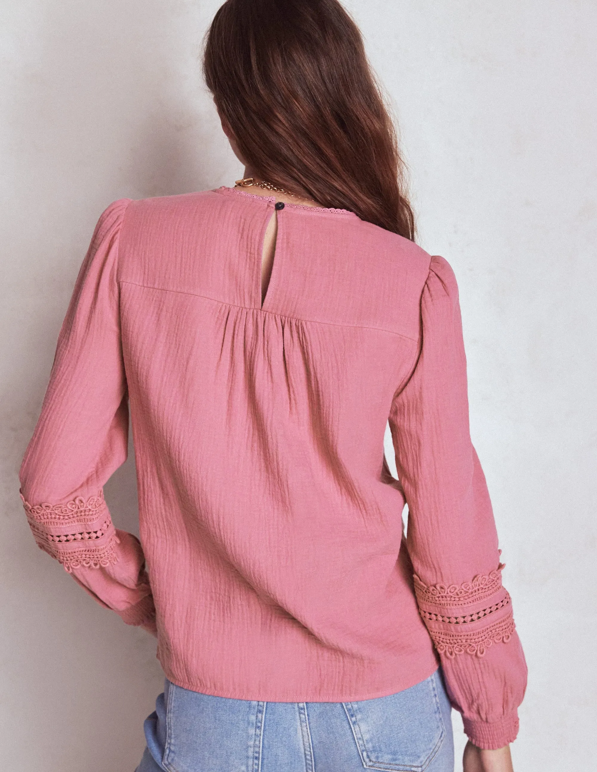 Trim Interest Double Cloth Top-Pink Heather Long Sleeve Shirt