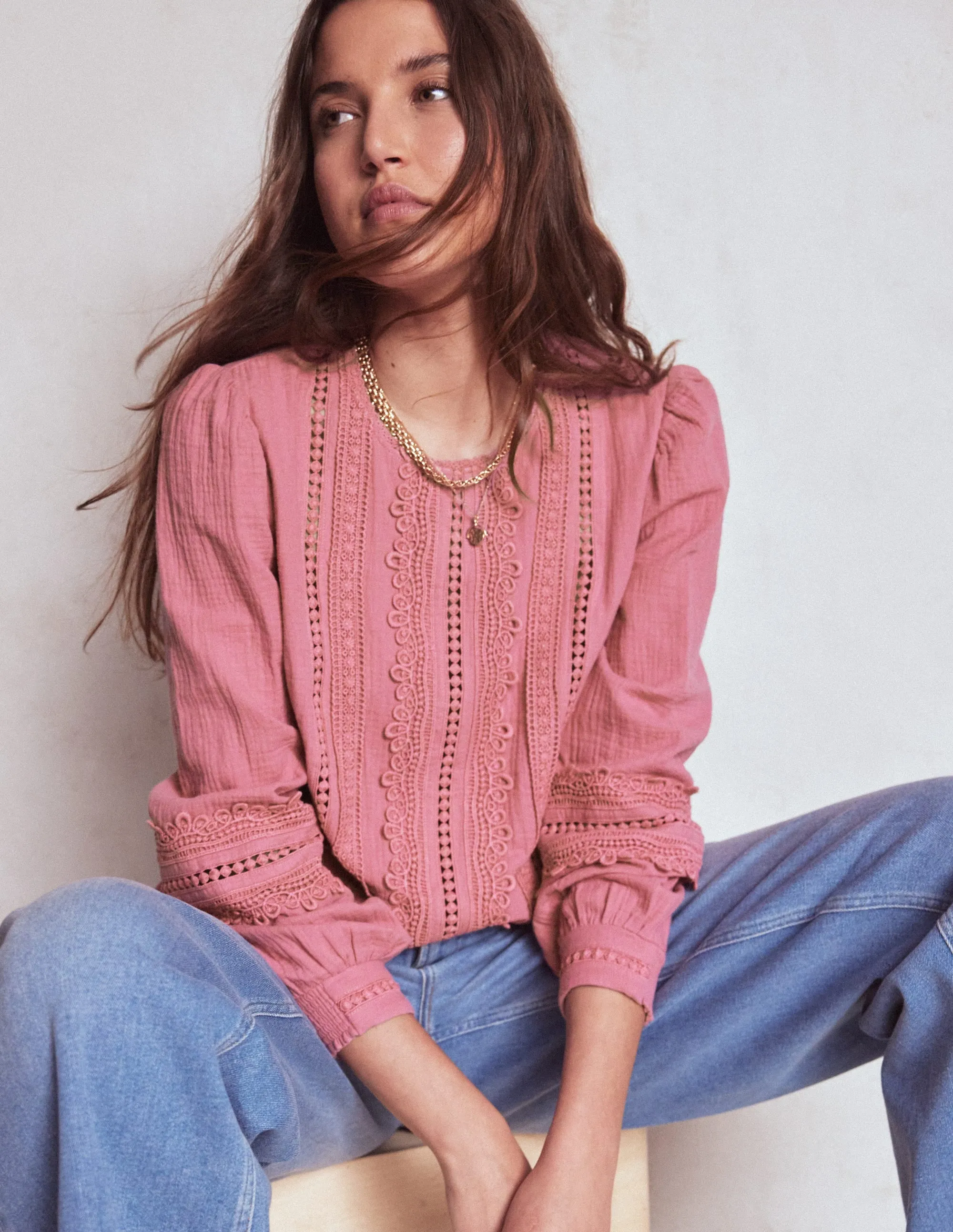 Trim Interest Double Cloth Top-Pink Heather Eco Friendly Dye Easy to Wear