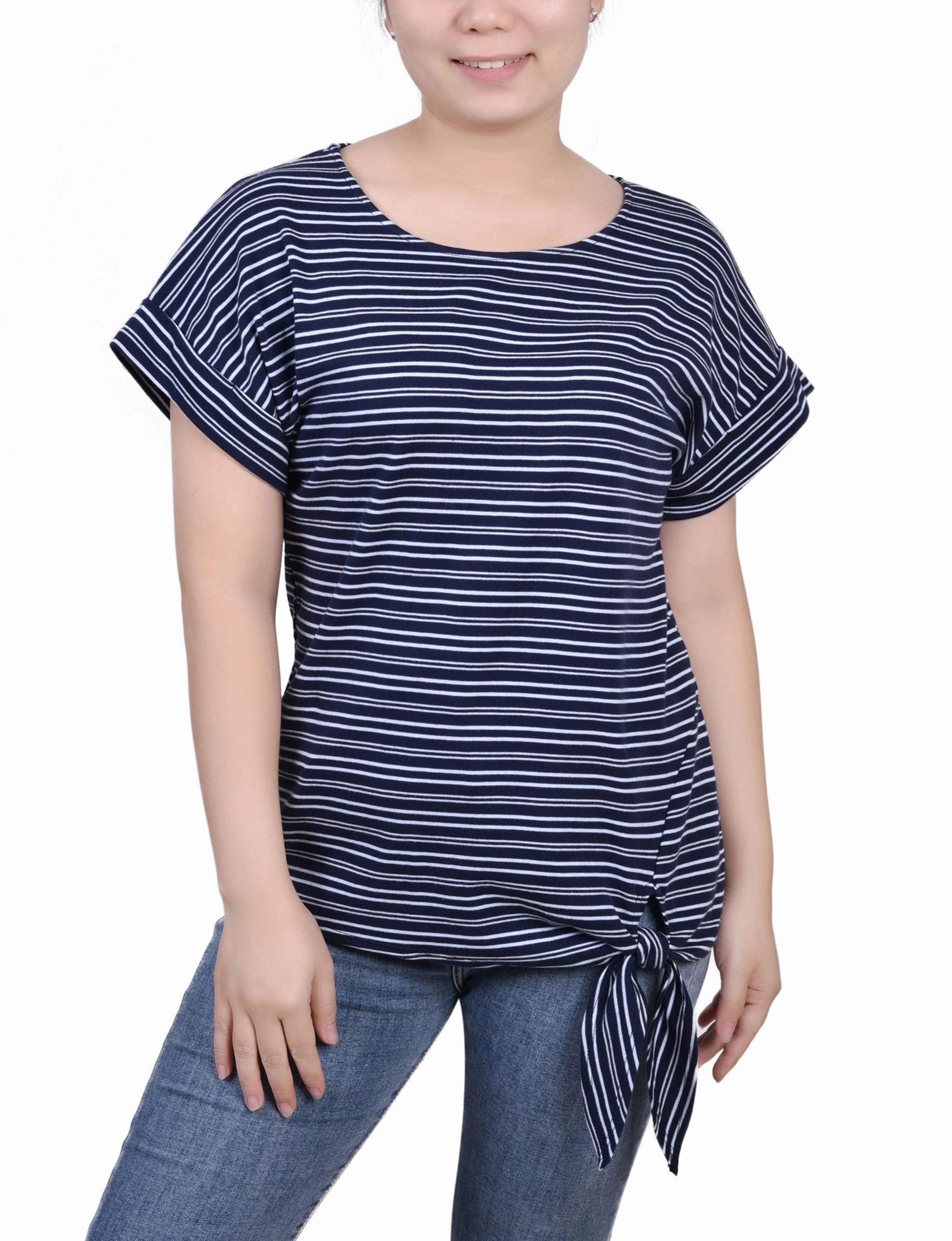 Short Sleeve Tie Front Top AdjustableNeckline