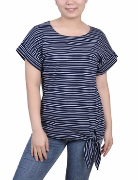 Recycled Polyester Fabric ReinforcedShoulders Short Sleeve Tie Front Top