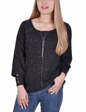 RelaxedNeckline Long Sleeve Ribbed Pullover Top With Detachable Necklace