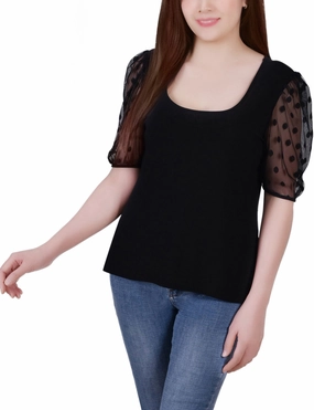 High Durability Material Elbow Sleeve Crepe Top With Mesh Dotted Sleeves