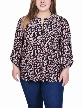 Petal Sleeve Architecture Plus Size Long Sleeve Pintuck Front Top With Chain Details