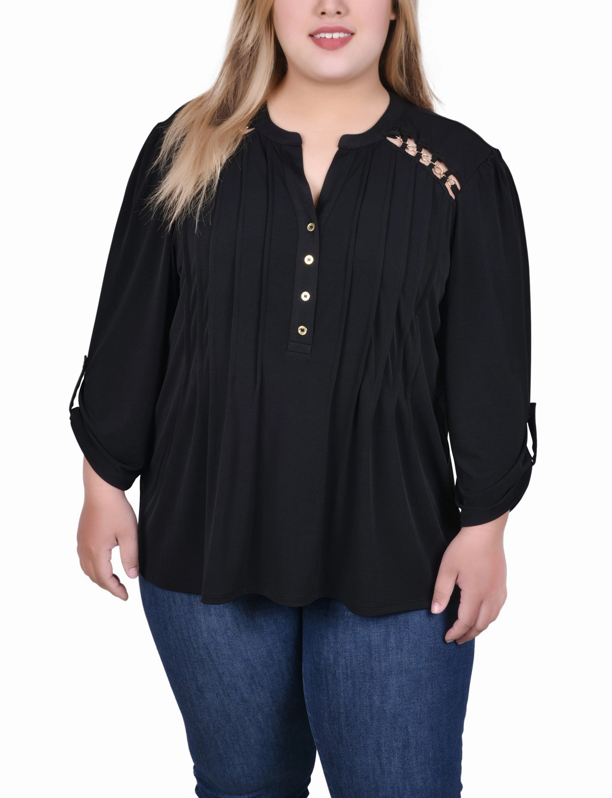 Plus Size Long Sleeve Pintuck Front Top With Chain Details Multi Panel Cut Petal Sleeve Architecture