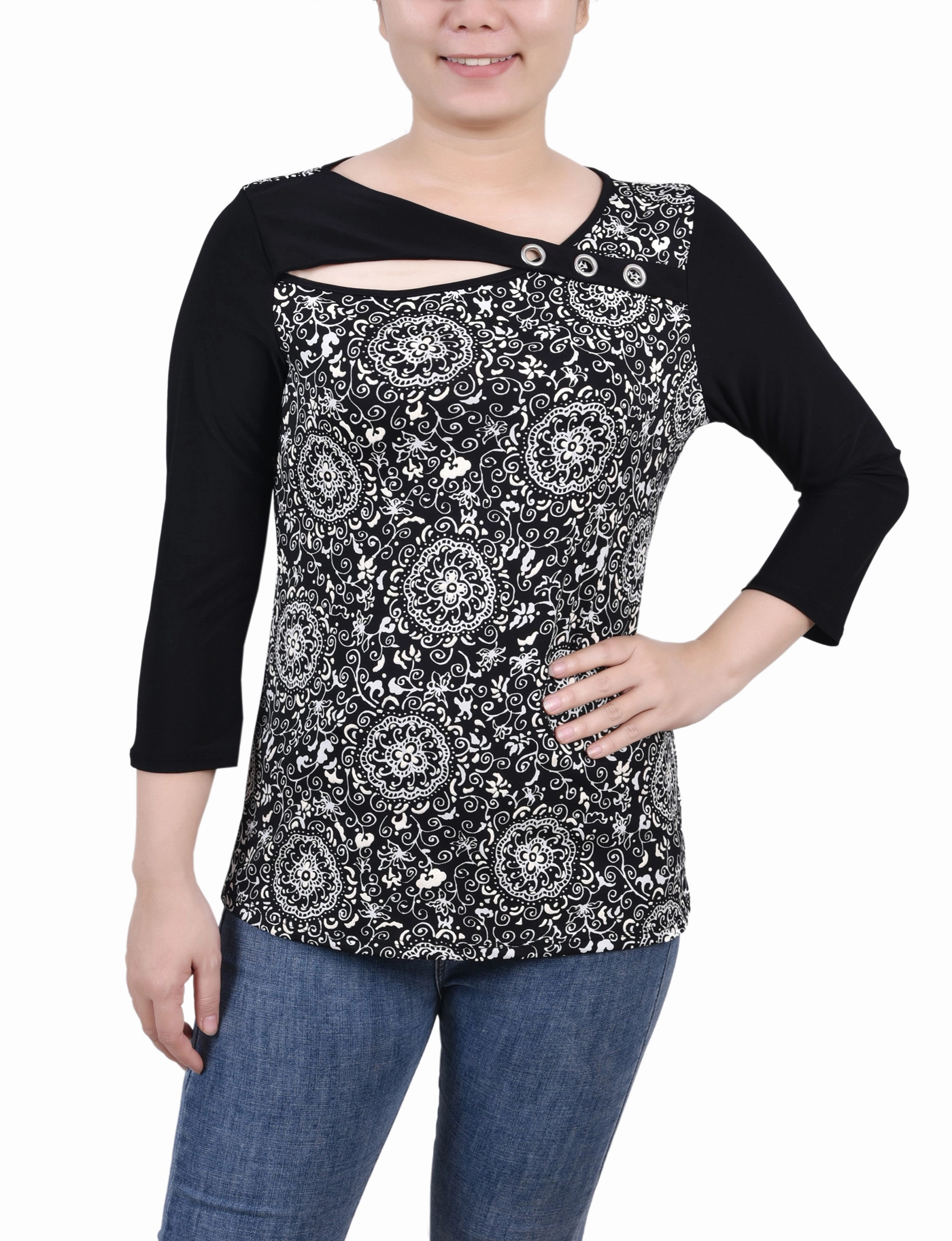 Active Look Petite 3/4 Sleeve Puff Print Cutout Top