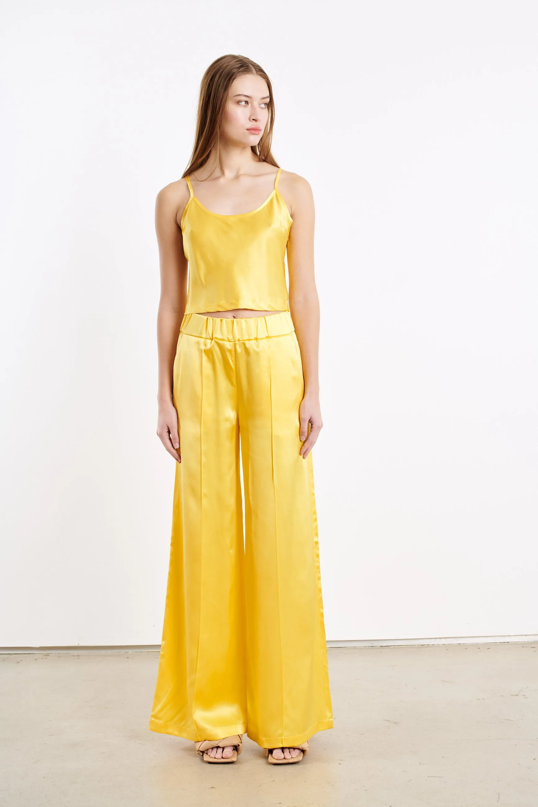 Yellow Silk Cropped Cami Minimalist Collar