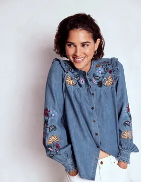 AntiMicrobialLining Embroidered Denim Top-Light Vintage, Embroidered