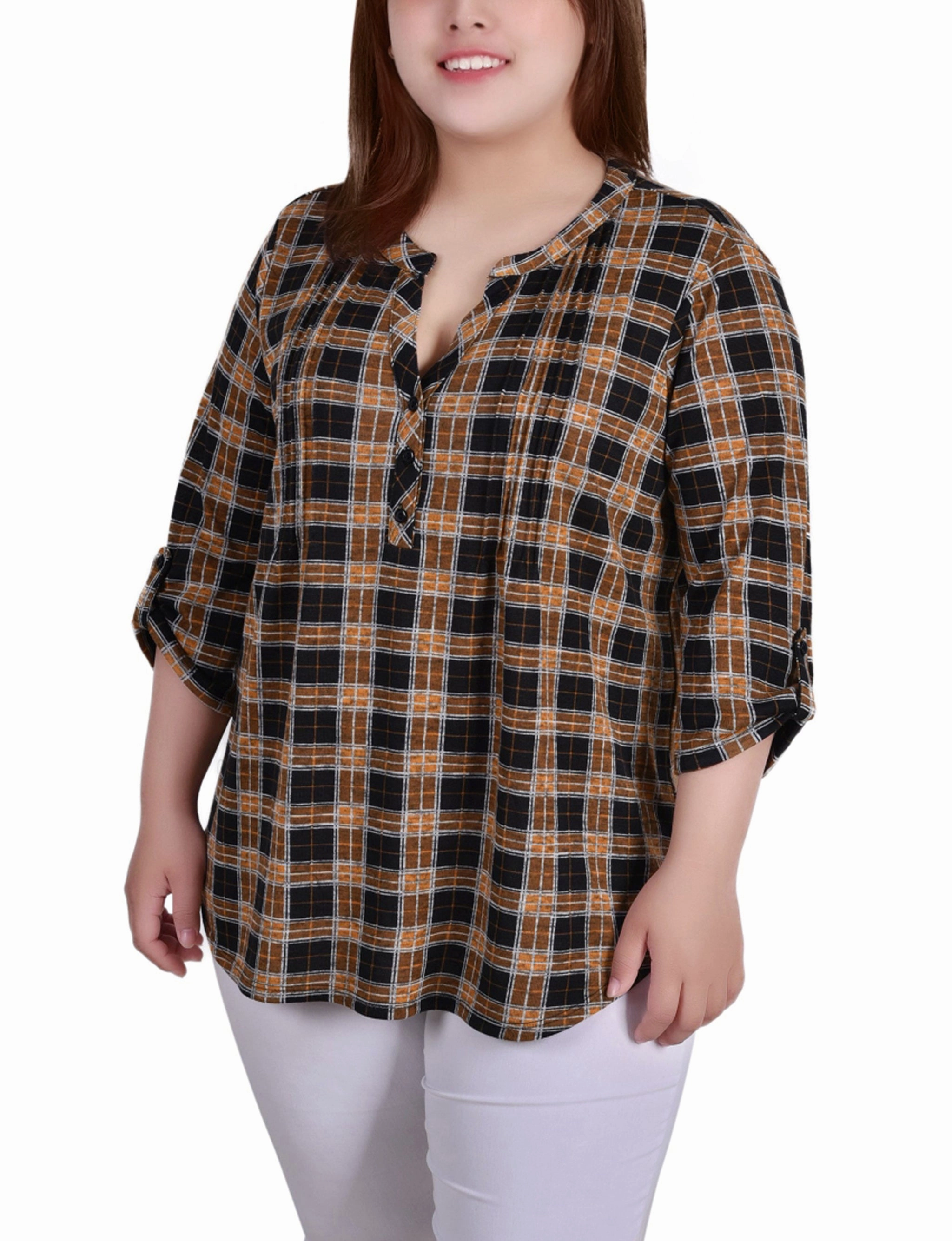 DoubleLayeredShoulders Eco Friendly Material Plus Size 3/4 Roll Tab Sleeve Y Neck Top