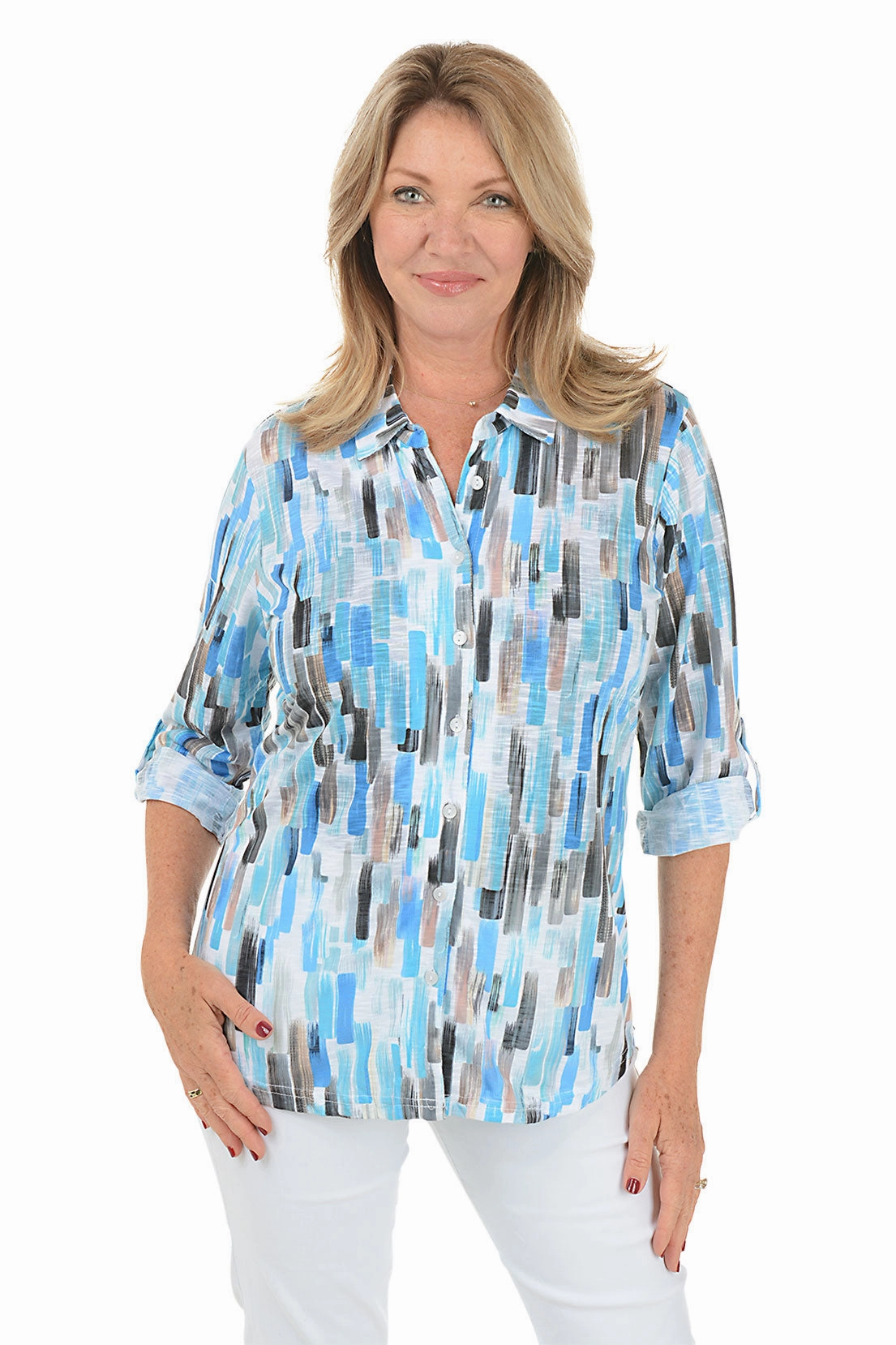 Rain Streaked Roll-Tab Knit Shirt NoTagLabel Ribbed Collar Design