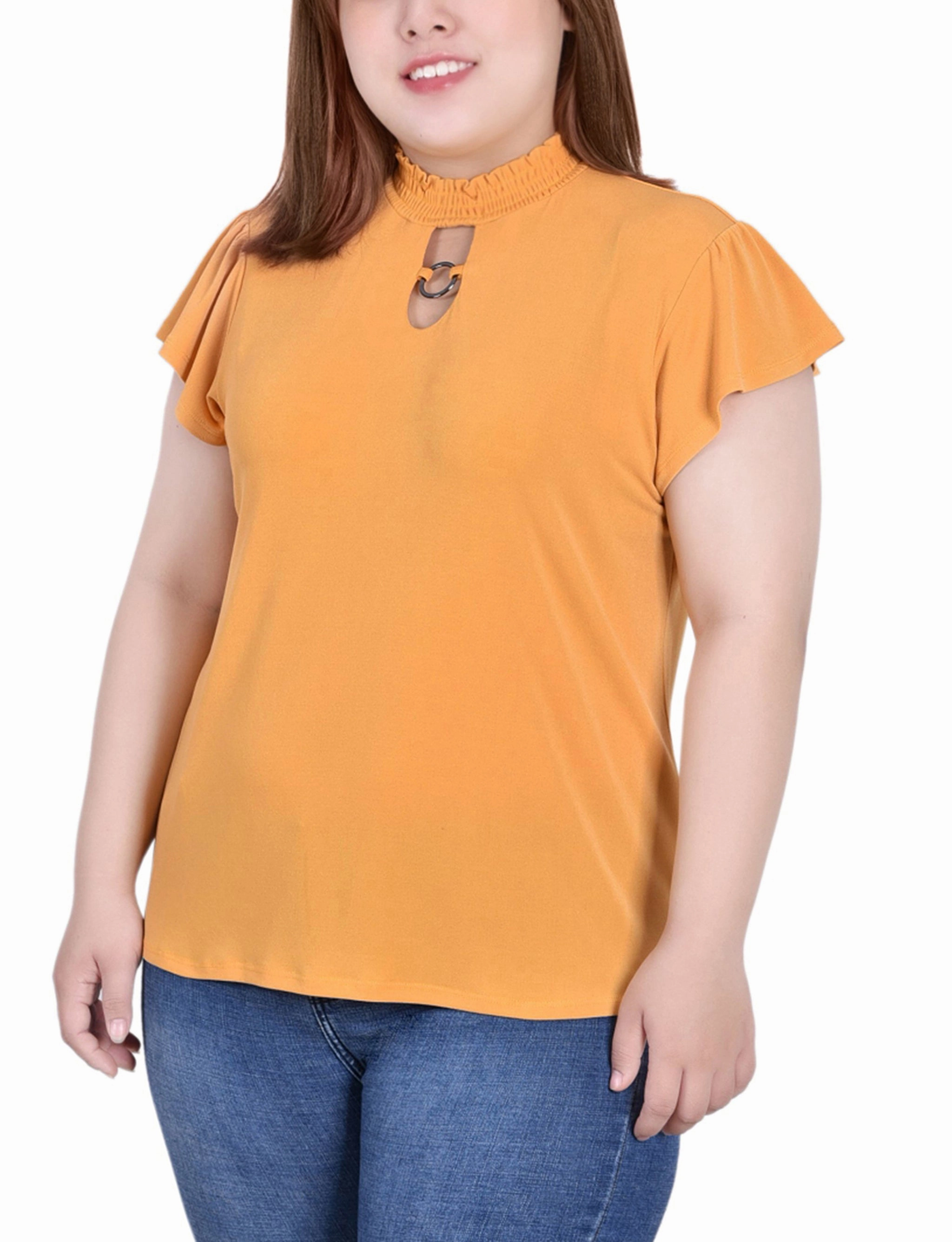 Plus Size Short Flutter Sleeve Mock Neck Top Luxurious Feel Durable Reinforced Hem
