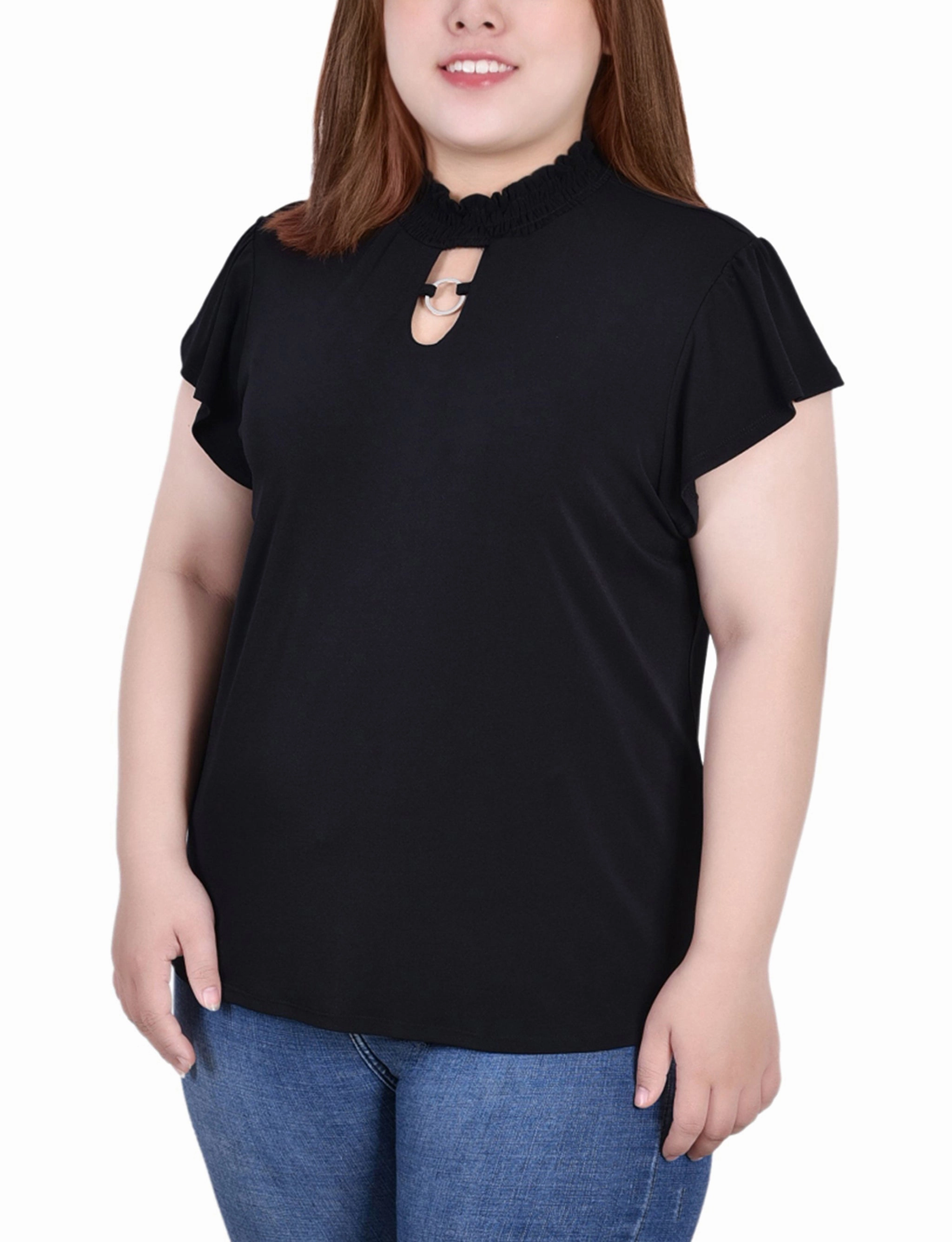Plus Size Short Flutter Sleeve Mock Neck Top Drop Shoulder Design