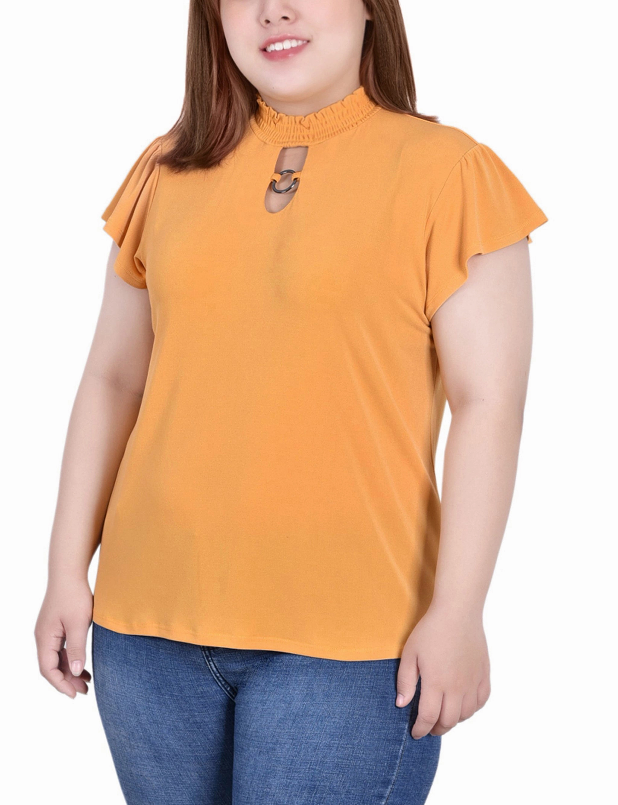 Plus Size Short Flutter Sleeve Mock Neck Top HeatRegulating