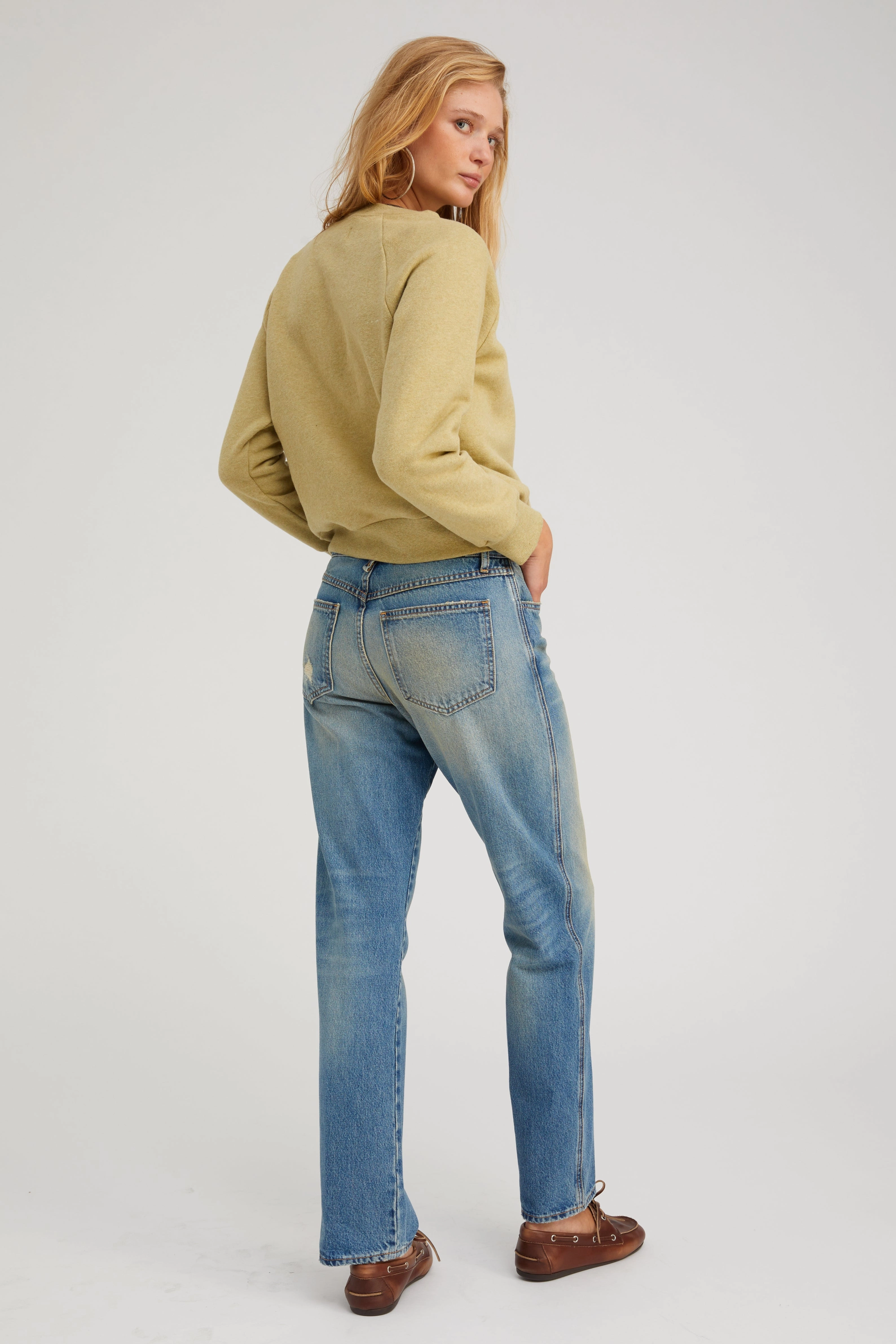 Layered Collar Design Pistachio Melange Shrunken Raglan Sweatshirt