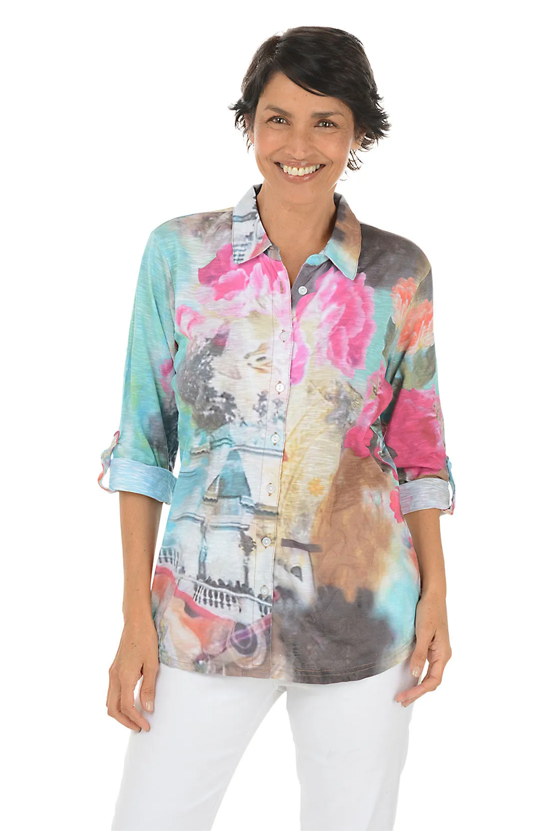 AbrasionResistant Edging Floating Flowers Roll-Tab Knit Shirt