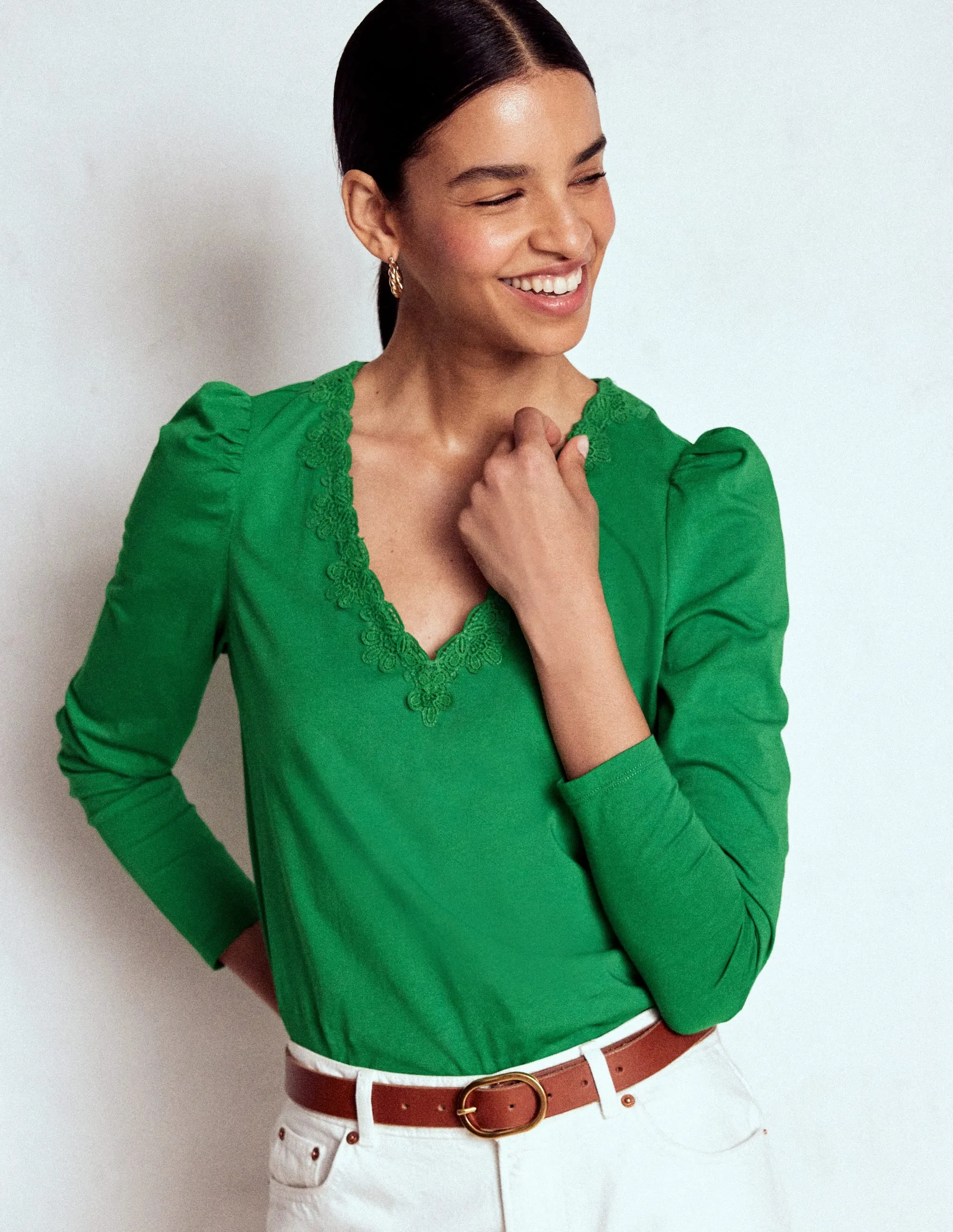 Flora Lace V-neck Top-Highland Green Reinforced Neckline Detail