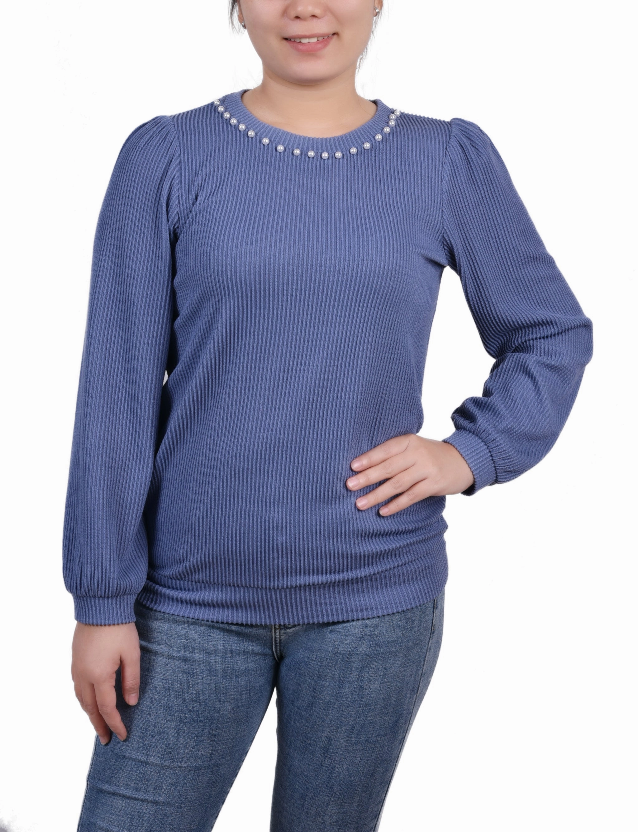 Soft Brushed Lining Long Sleeve Ribbed Pearl Trimmed Top