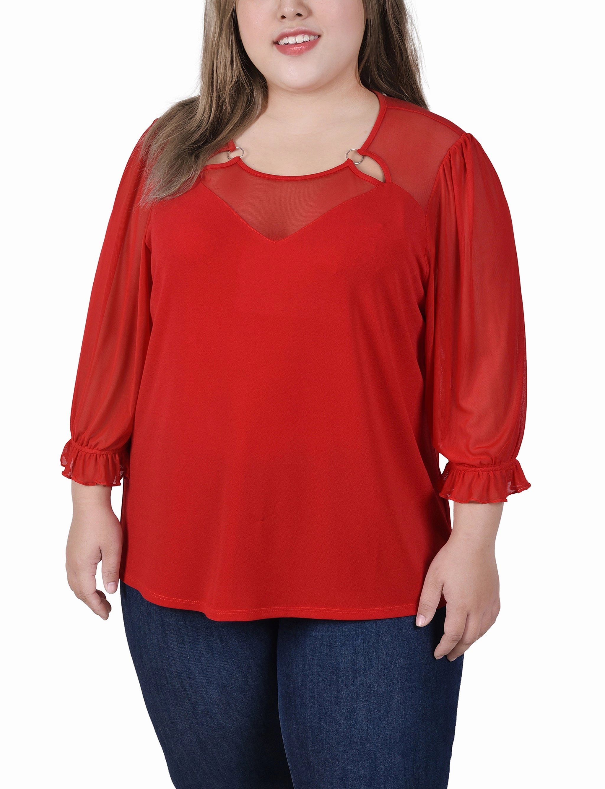Plus Size 3/4 Sleeve Ringed Top With Mesh Anti Bacterial Layer