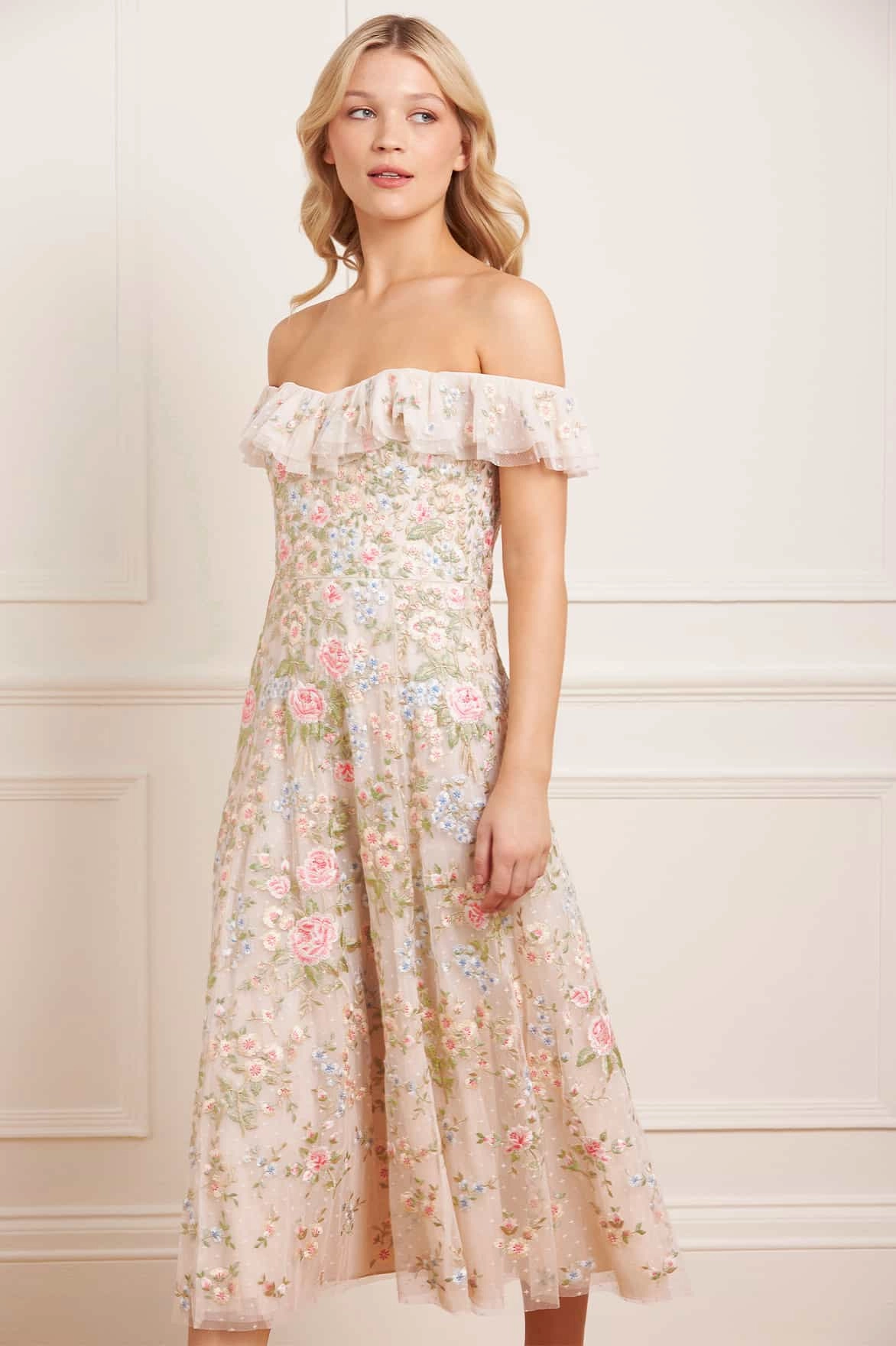 City Flow Refined Cut Antoinettes Floral Off-Shoulder Ballerina Dress