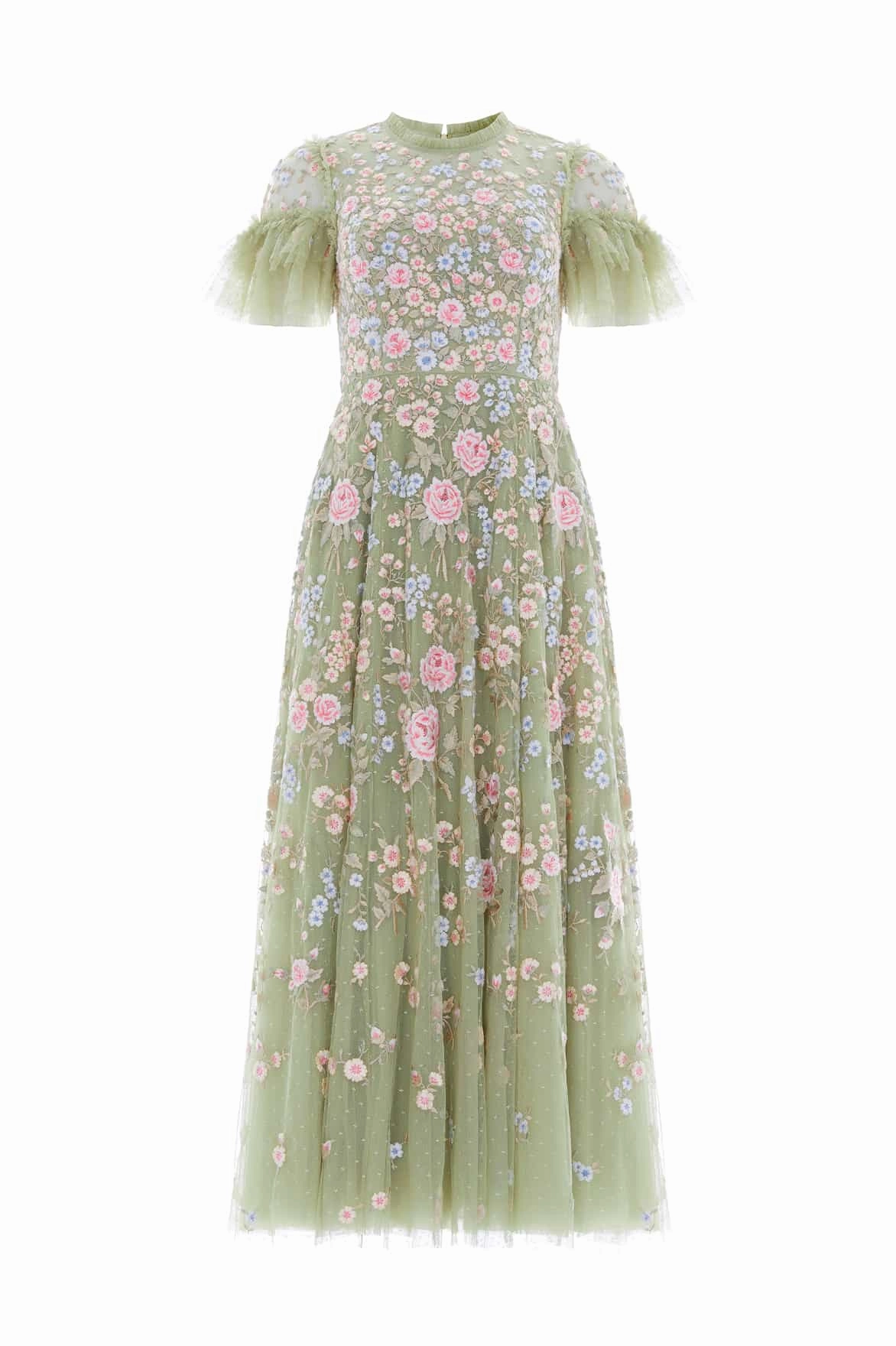 Earthy Hue Antoinettes Floral Round Neck Ankle Gown