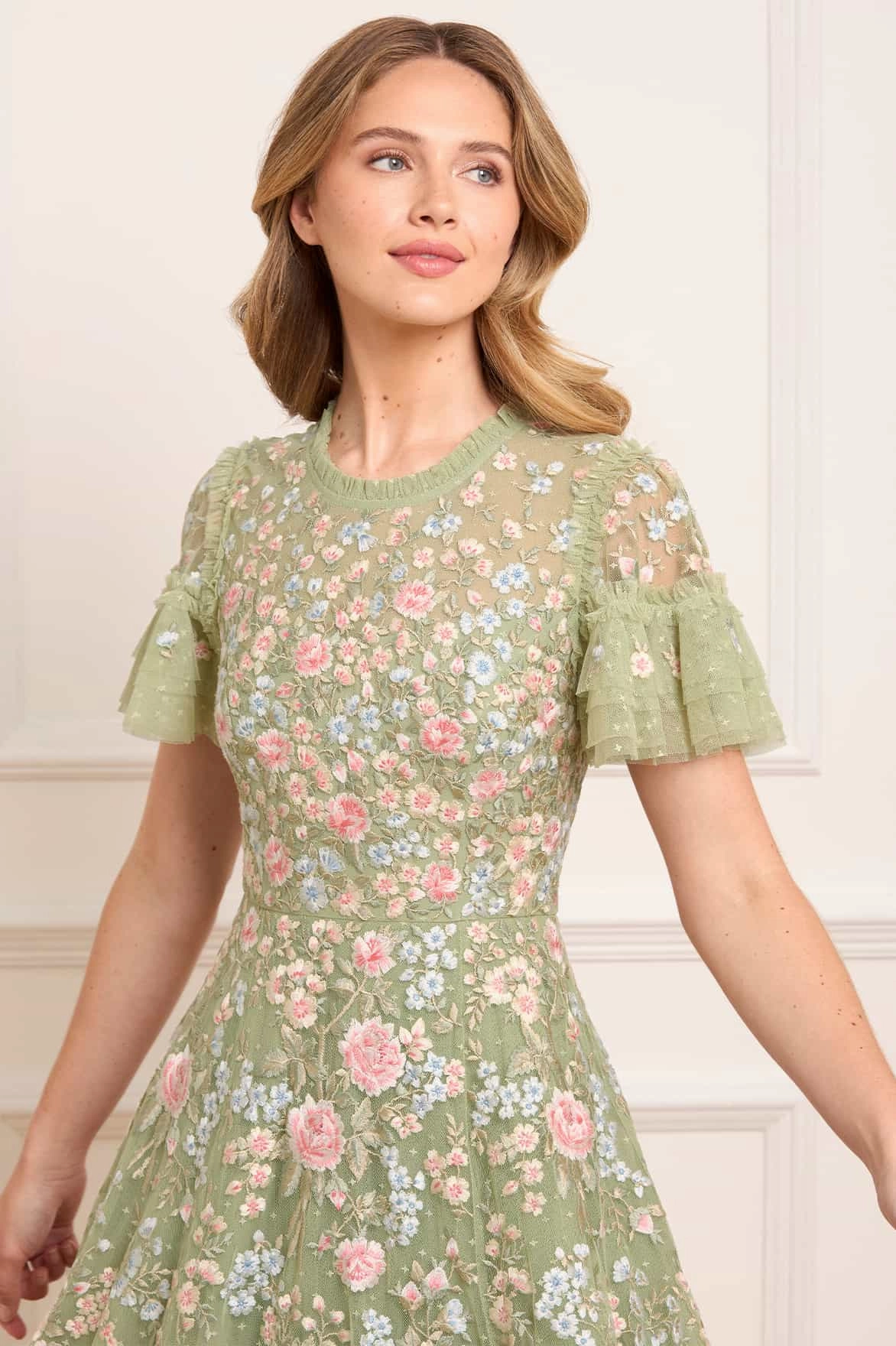 Boho Tone Antoinettes Floral Round Neck Ankle Gown