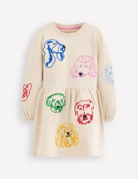 Applique Sweatshirt Dress-Oatmeal Dog faces Eco Friendly Grace Soft