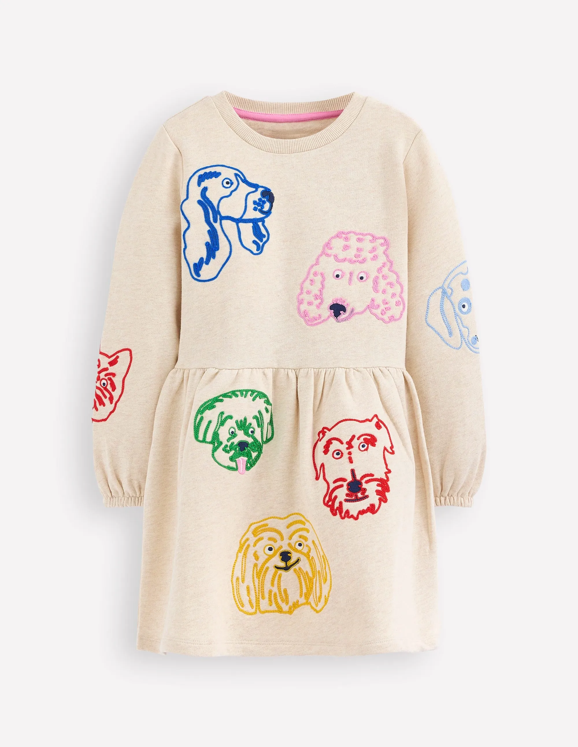 Applique Sweatshirt Dress-Oatmeal Dog faces Eco Friendly Grace Soft