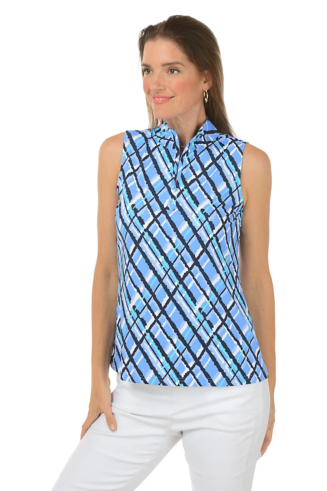 Everyday Wear Argyle Plaid Cooling UPF50  Sleeveless Zip Top