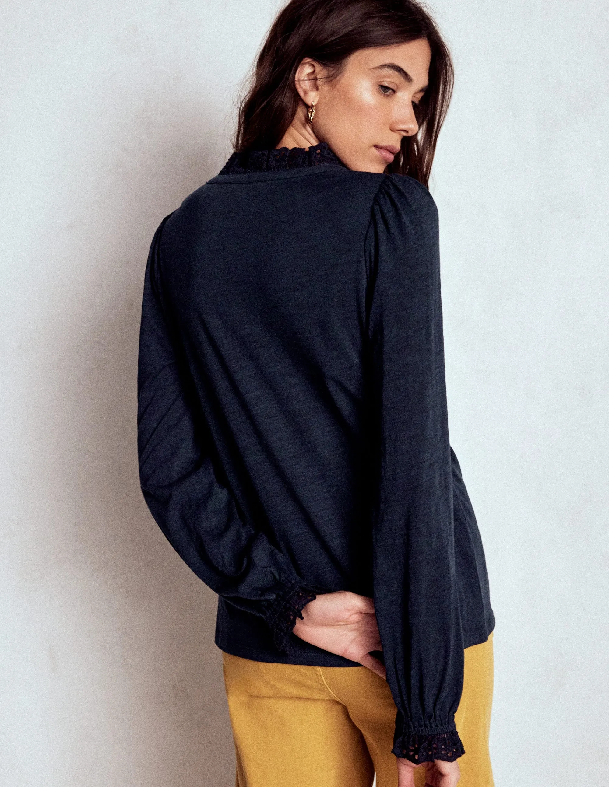Winter Wardrobe Aria Broderie Notch Neck Top-Navy