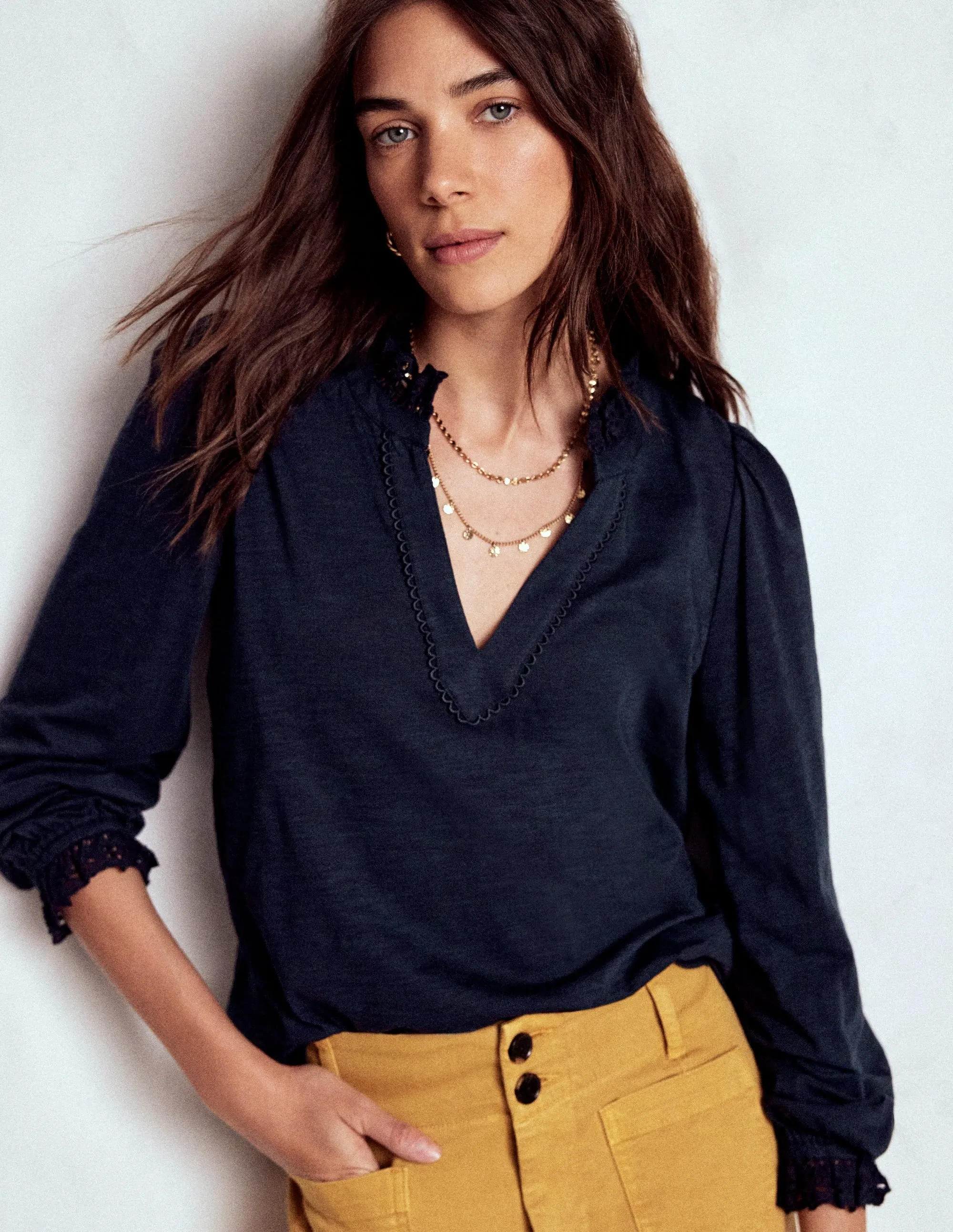 Aria Broderie Notch Neck Top-Navy MeshLining