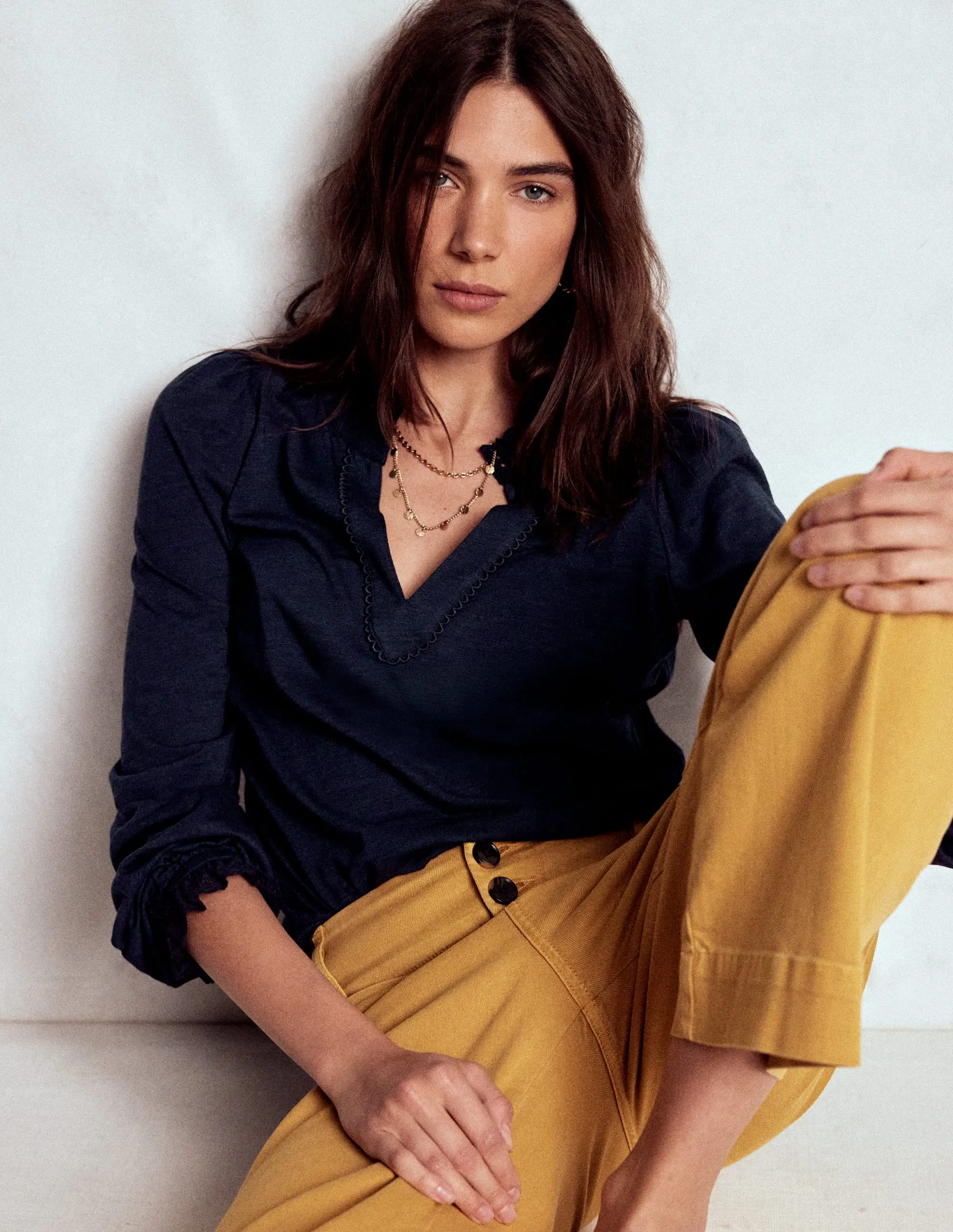 Aria Broderie Notch Neck Top-Navy summer top ArticulatedElbowShaping