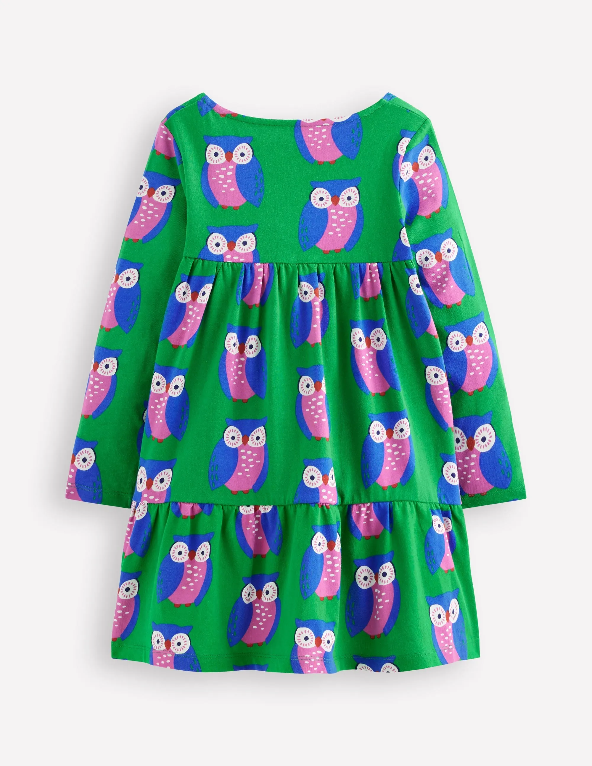 custom-fit City-Style Ariel Long Sleeve Twirly Dress-Rich Emerald Geo Owls