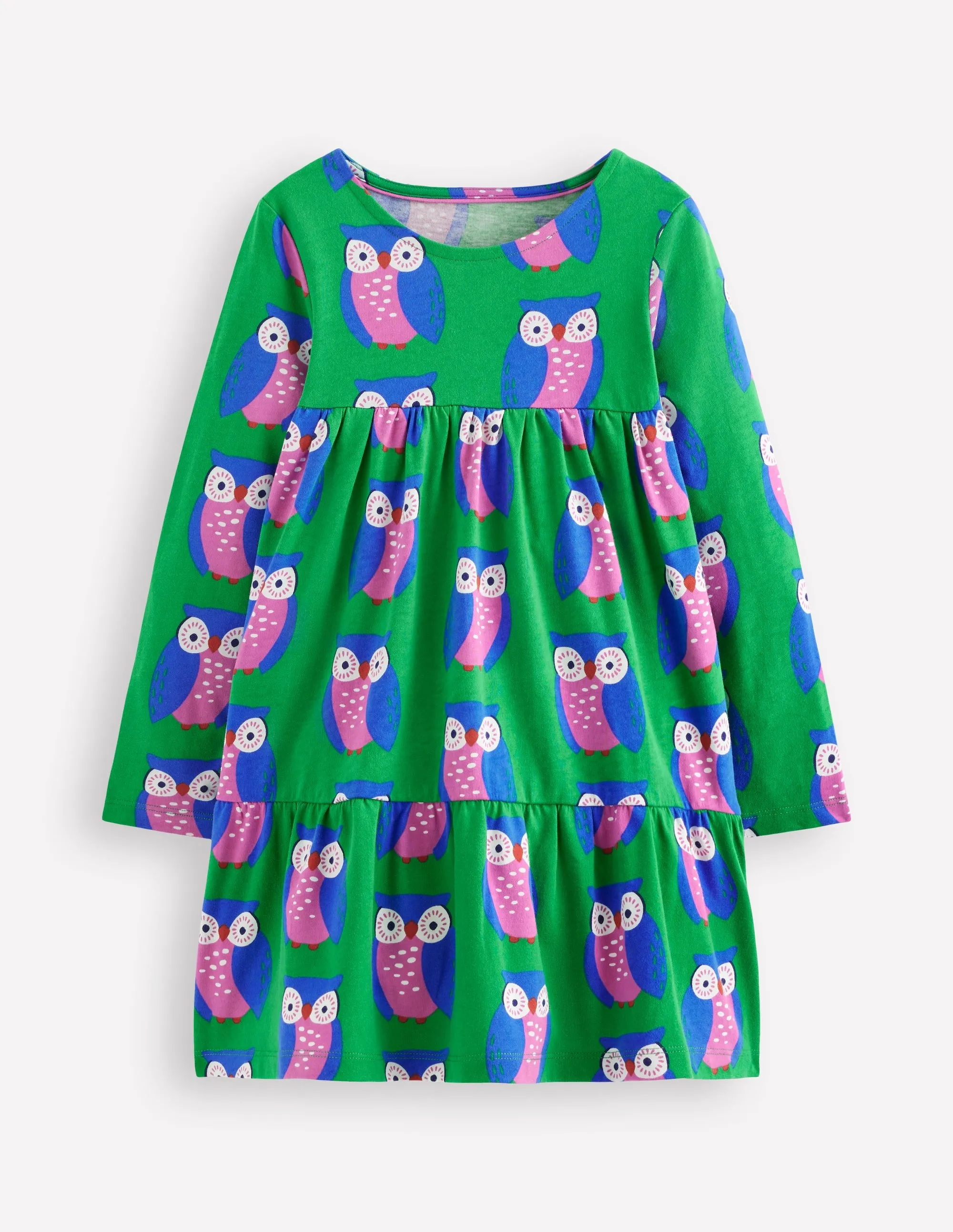 Cut-Out-Detail Happy Glow Ariel Long Sleeve Twirly Dress-Rich Emerald Geo Owls