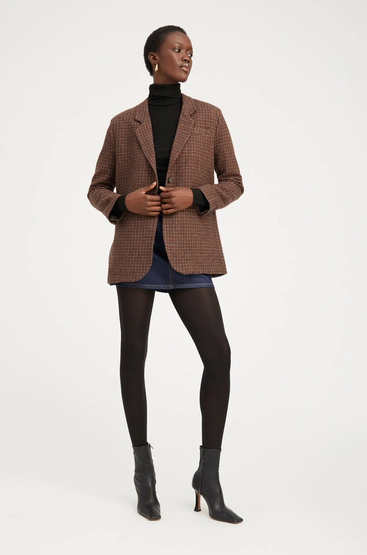 Houndstooth Wool Oversized Blazer Flexible Zipper Guards