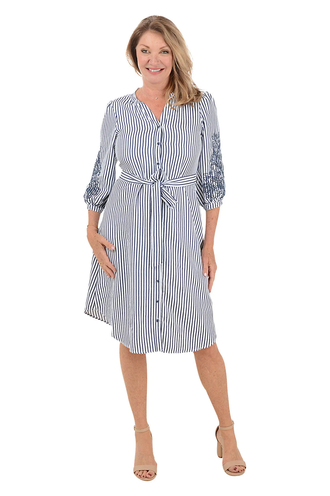 Embroidered Sleeve Seersucker Stripe Dress Casual-Look Bodycon-Fit