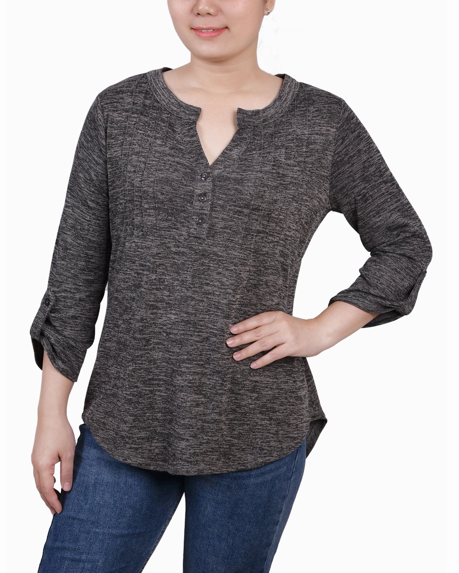 Brushed Inner Layer 3/4 Roll Tab Sleeve Y Neck Top