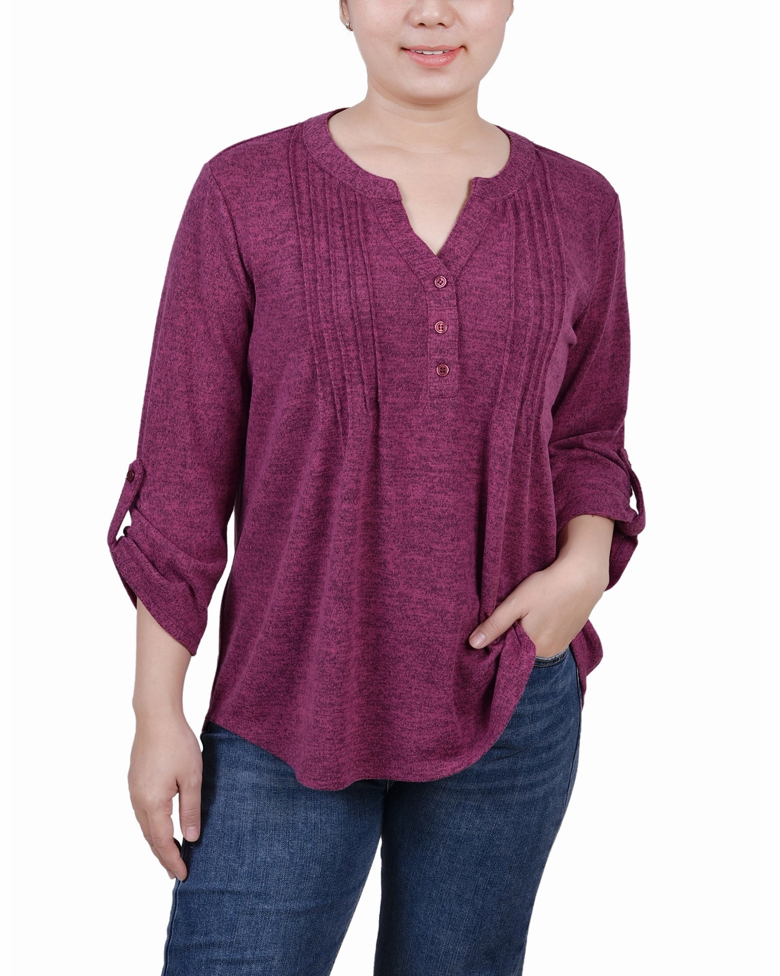 3/4 Roll Tab Sleeve Y Neck Top Bonded Seam Technology Comfortable Layer