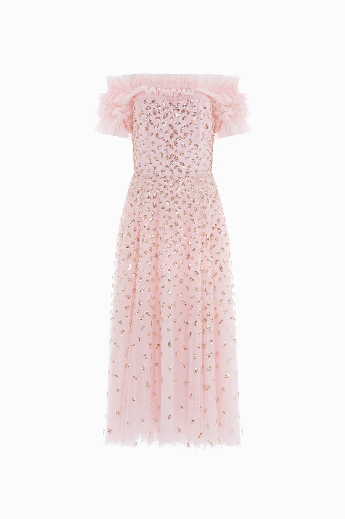 Pearl-Detail Autumn Leaves Off-Shoulder Ballerina Dress