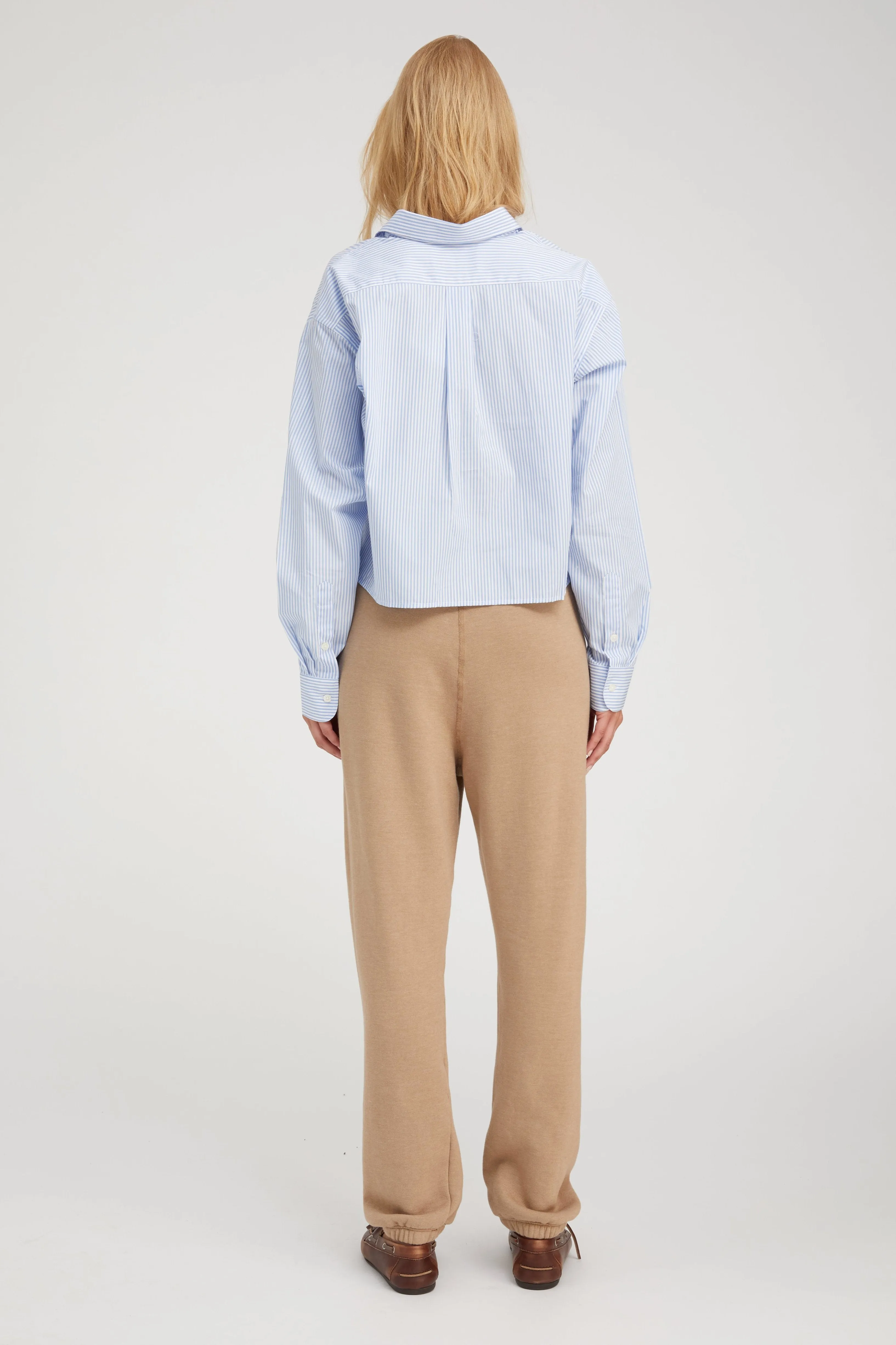 Baby Blue Striped Cropped Button Down FoldableFeature Bonded Seam Technology