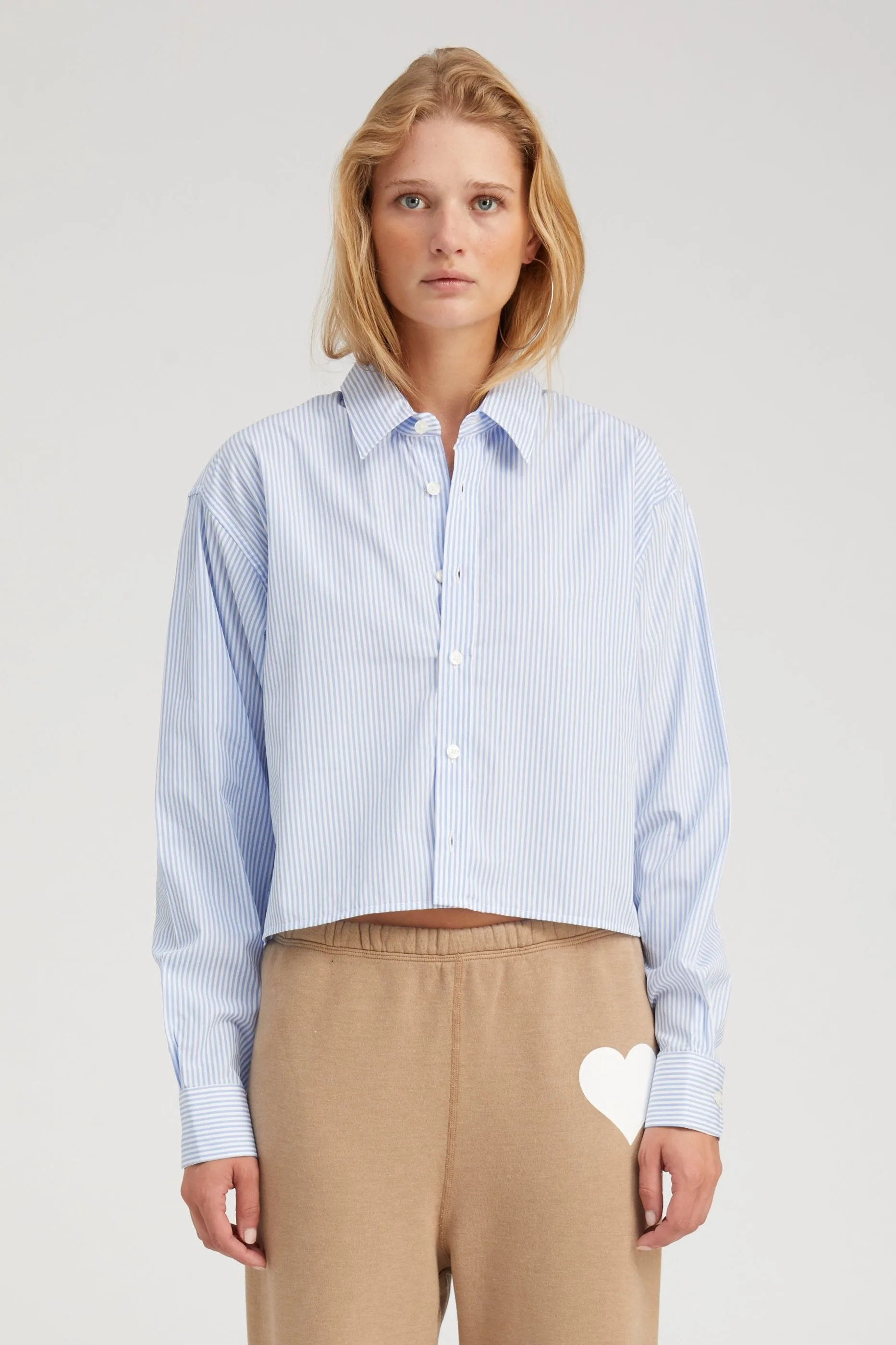 Baby Blue Striped Cropped Button Down Subtle Texture Weave