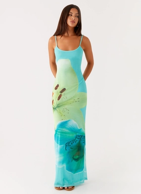 Bad News Mesh Maxi Dress - Turquoise Floral