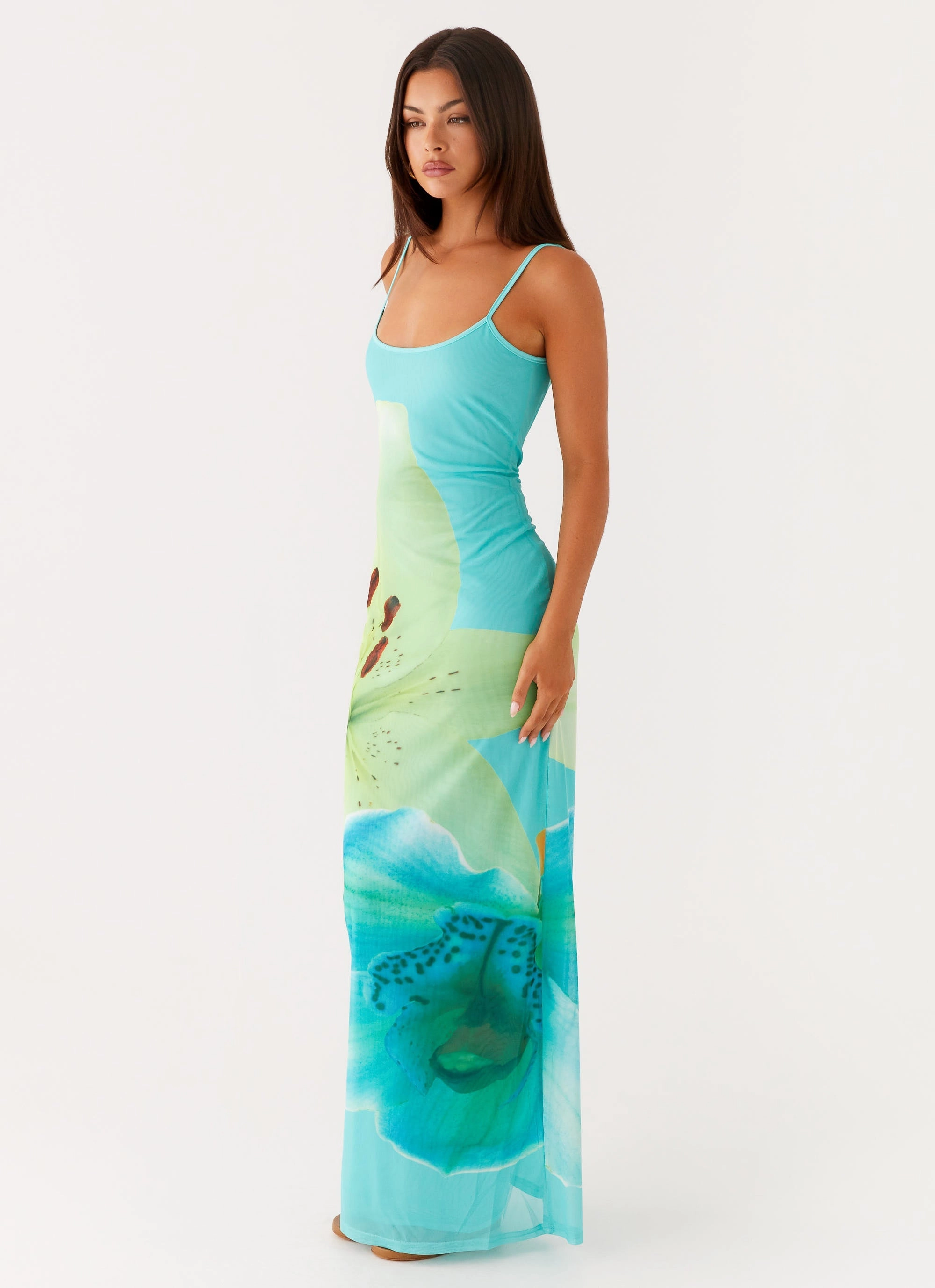 Bad News Mesh Maxi Dress - Turquoise Floral