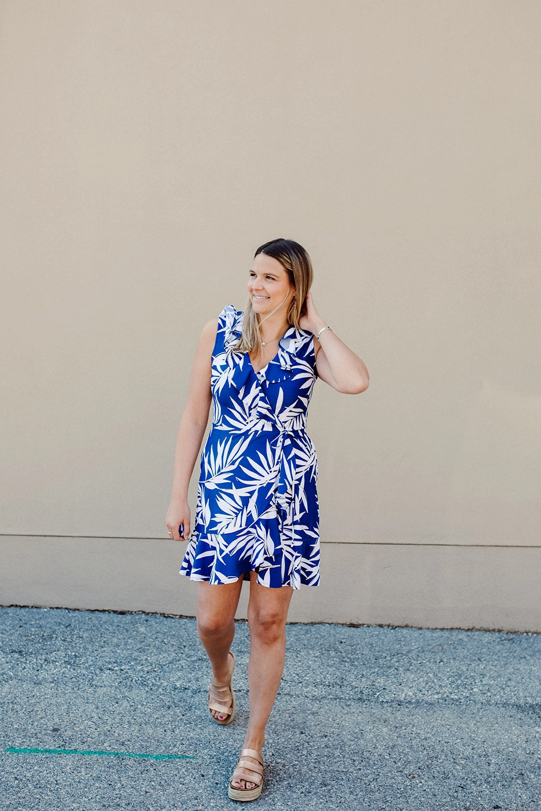 Quiet Mood All Day Naples Faux Wrap Dress Navy Palm Leaf