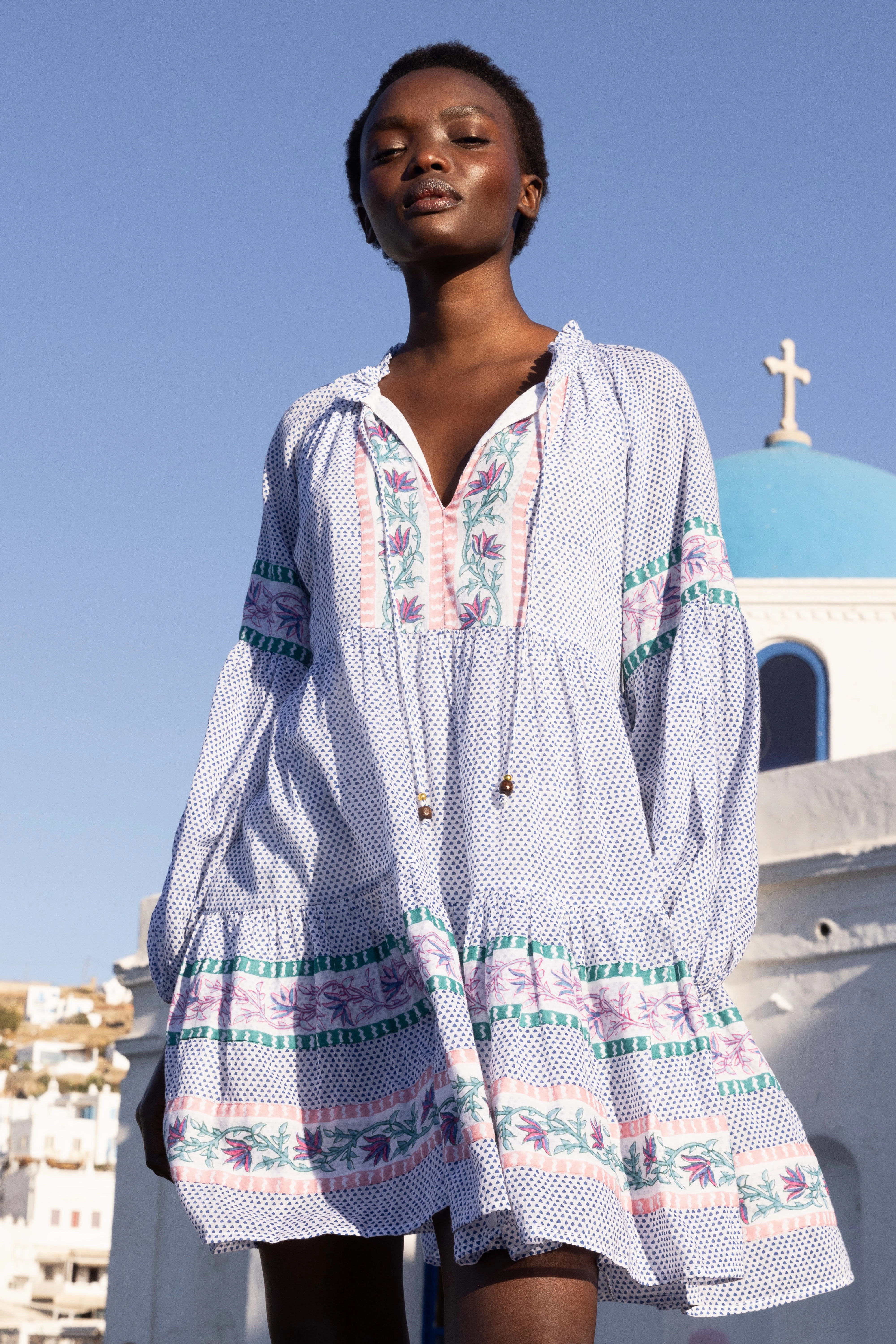 Balloon Sleeve Short Jungi Blue Dress Open-back