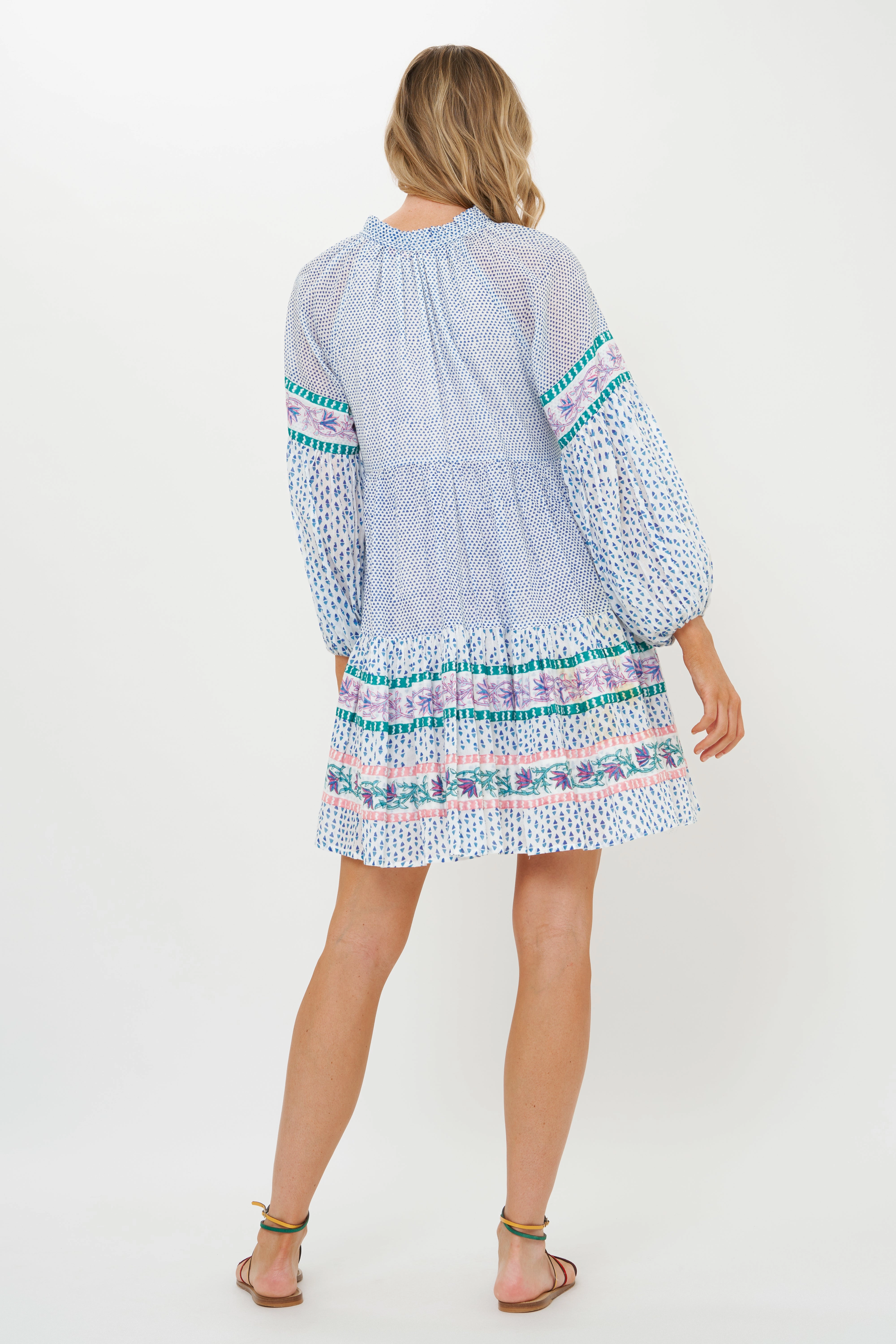 Balloon Sleeve Short Jungi Blue Dress Maximalist-Trend Artisanal-Detail