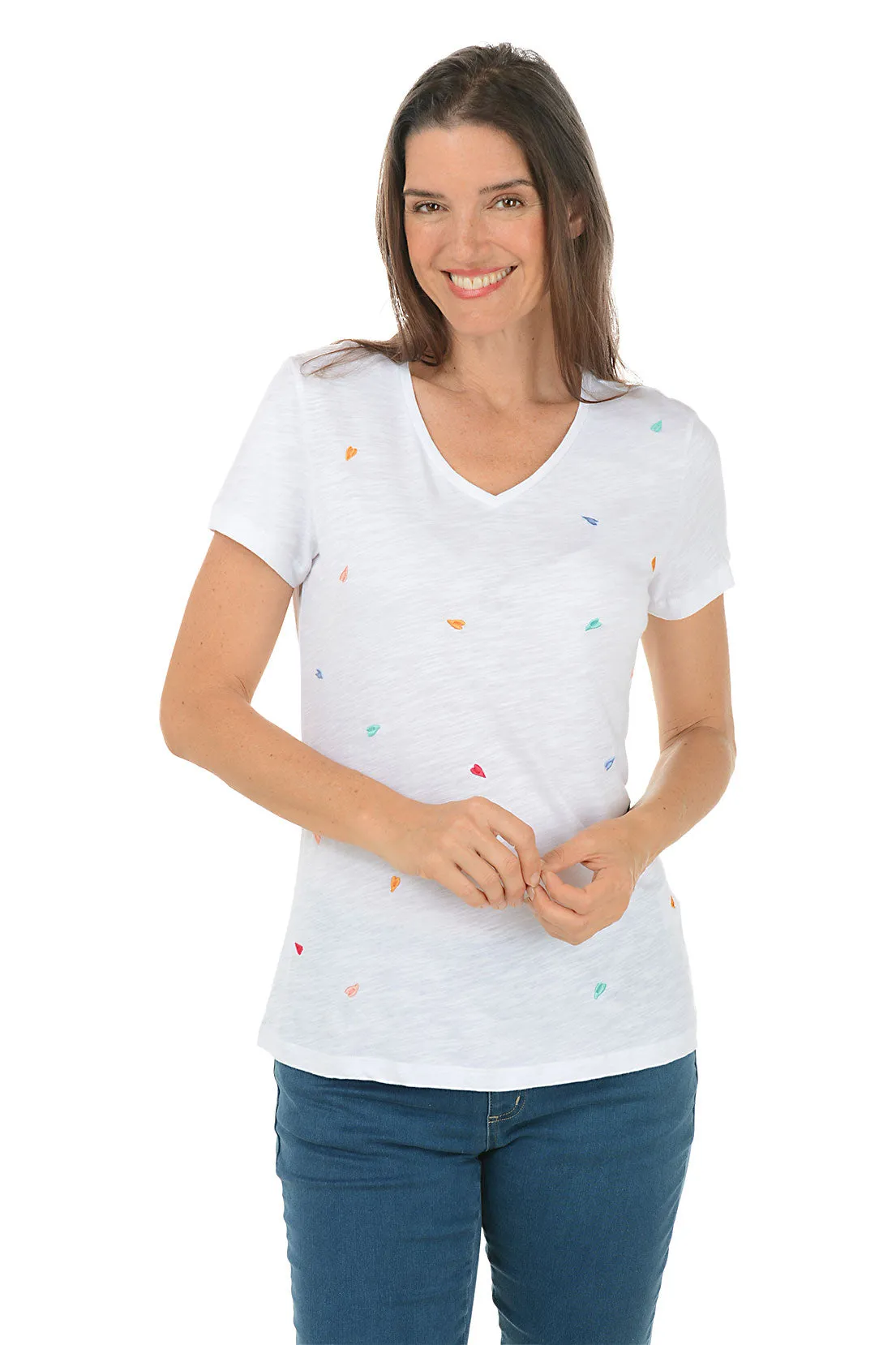 Contrast Topstitching Detail LayeredNeckline Embroidered Hearts V-Neck Tee