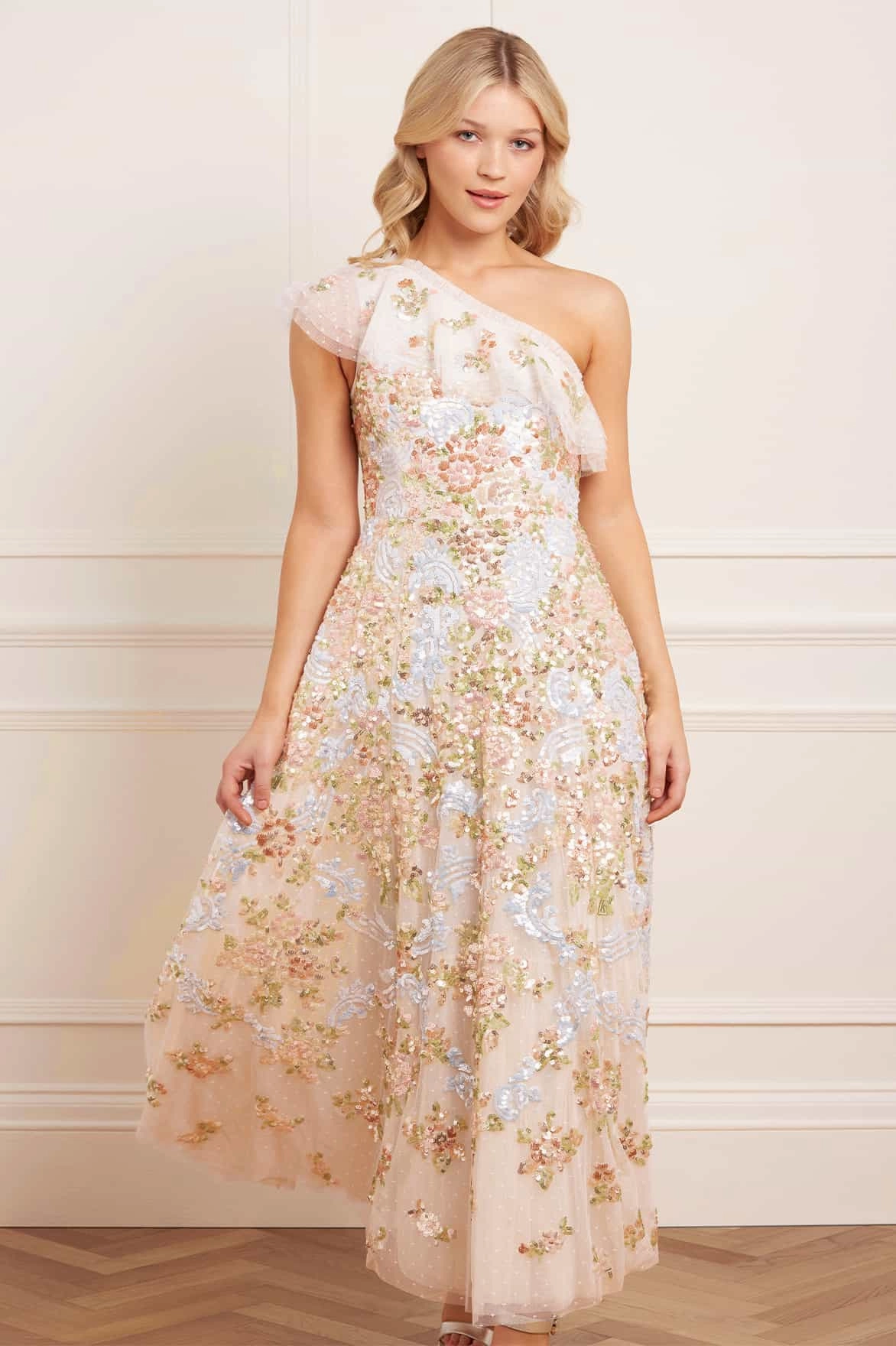 Baroque Floral One-Shoulder Ankle Gown Rooftop-Event