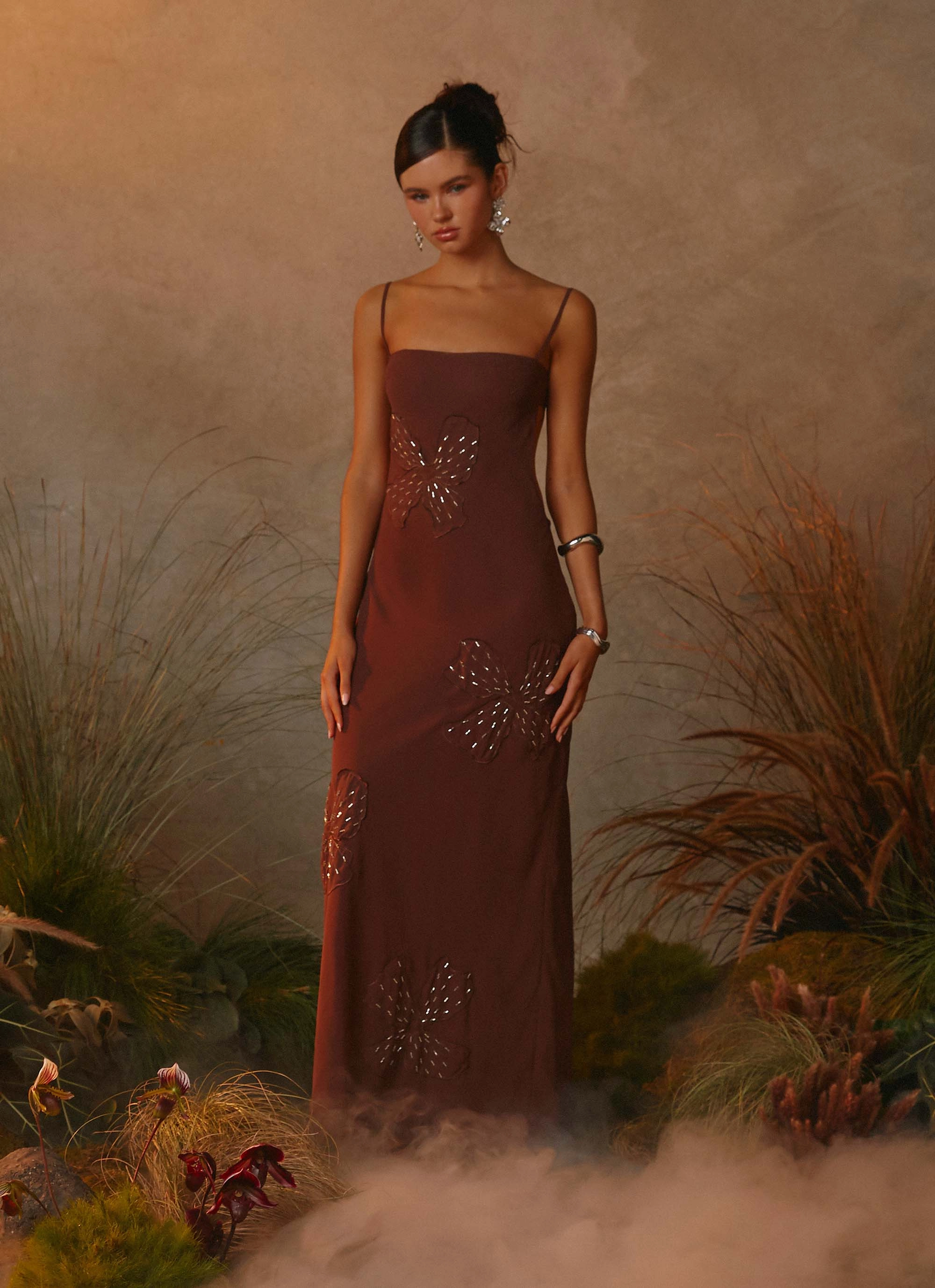 Bayla Beaded Flower Maxi Dress - Chocolate